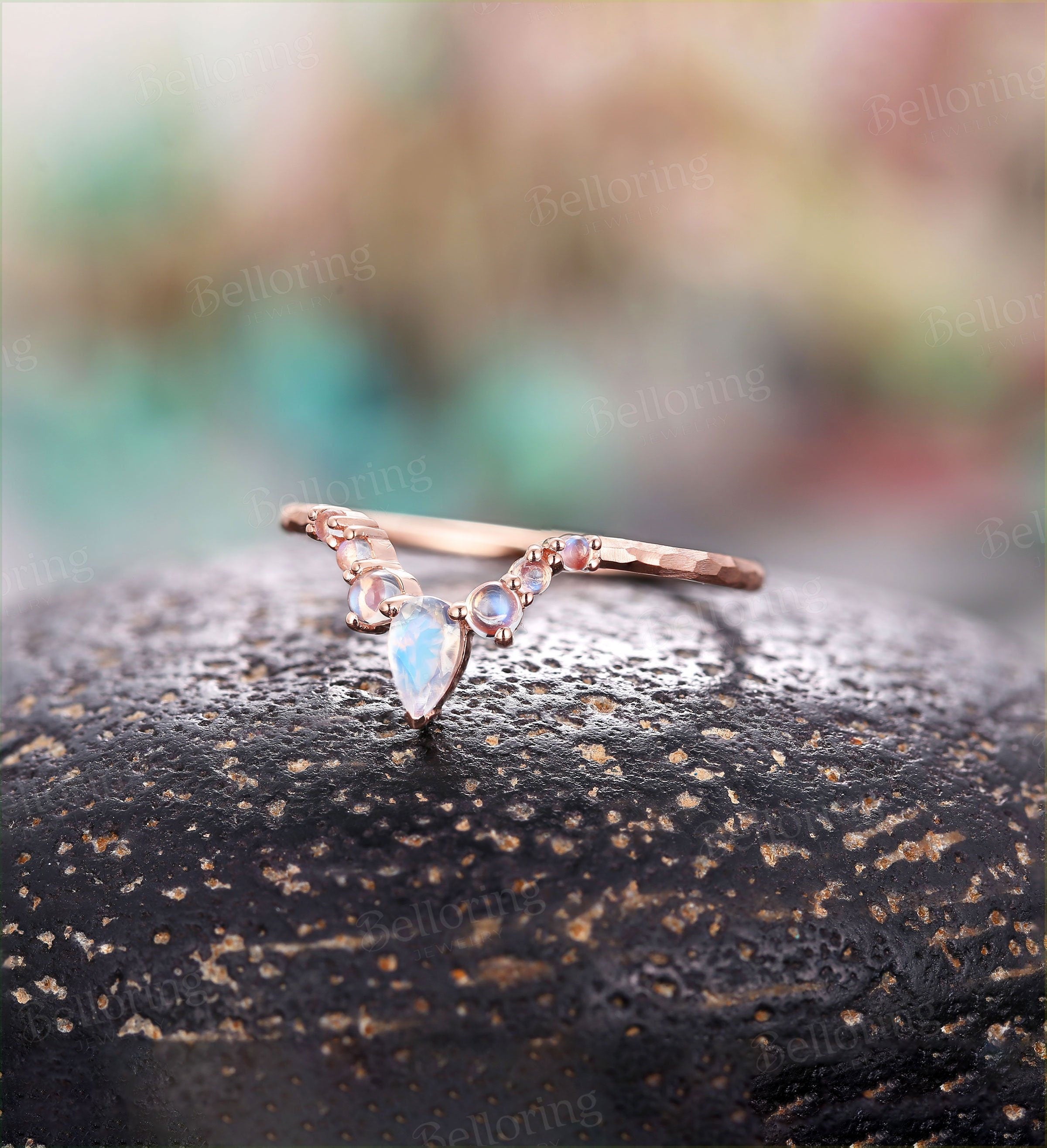 Moonstone Curved wedding band woman rose gold ring Vintage hammered finish Jewelry Antique Matching Promise Anniversary Gift for her