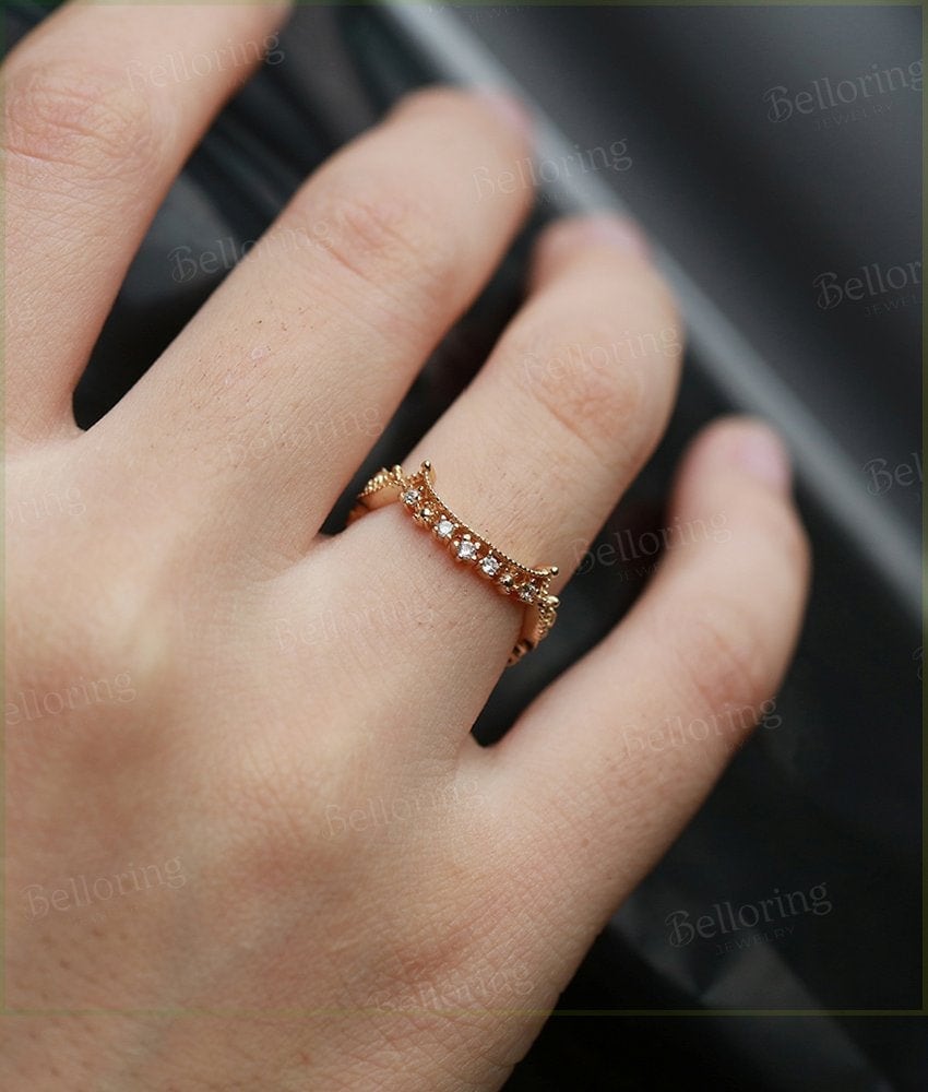 Curved wedding band  rose gold ring round cut Vintage Bridal Set Jewelry Antique Solid Arc Matching Promise Anniversary Gift for her