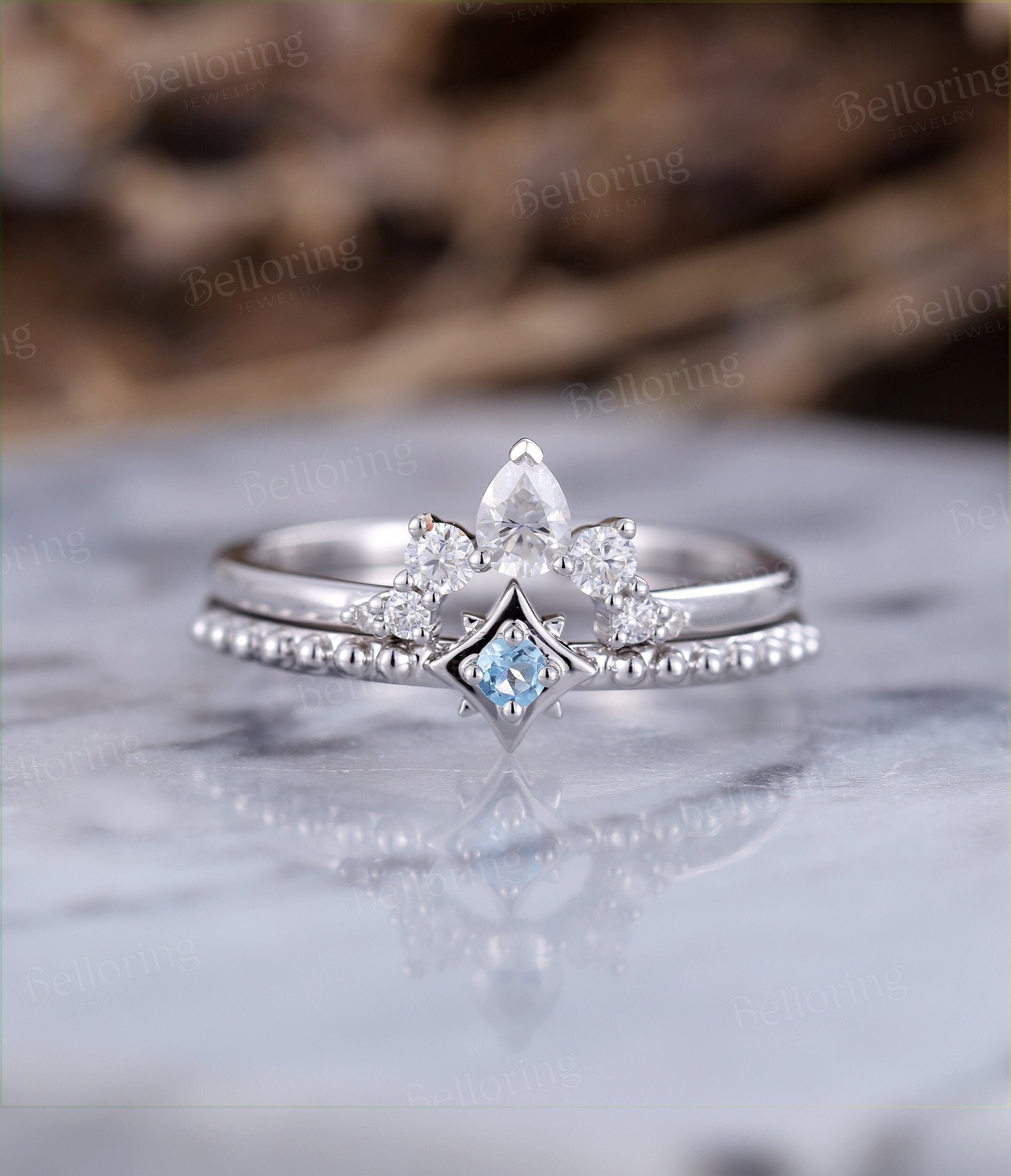 Blue Topaz engagement ring set  curved moissanite wedding band pear shaped white gold Delicate unique Jewelry Anniversary wedding ring