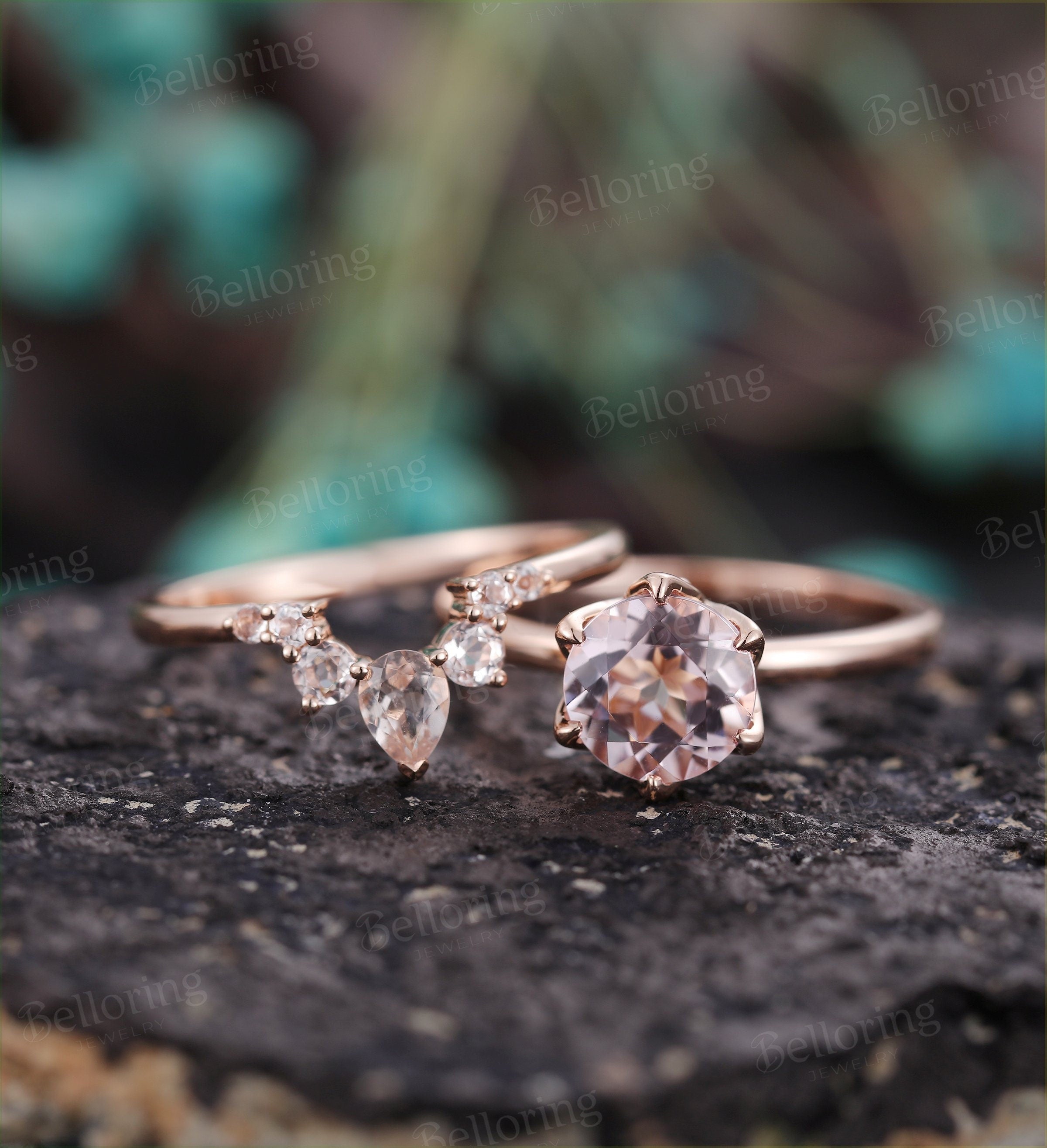 Morganite engagement ring vintage prong set unique rose gold diamond art deco Wedding solitaire  Jewelry anniversary wedding ring