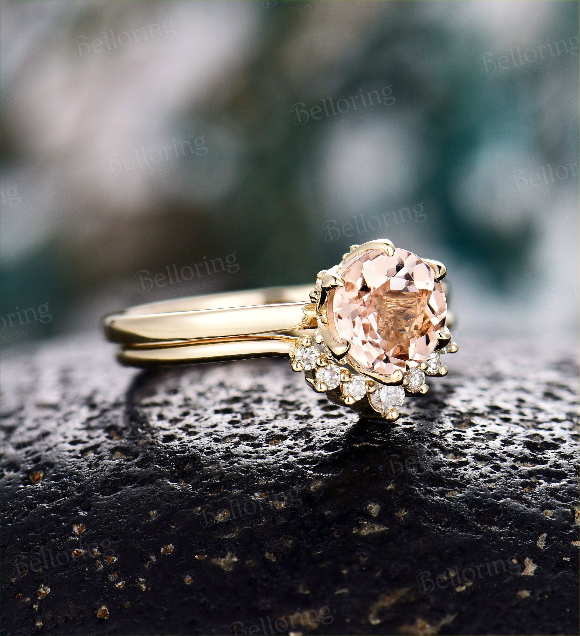 Morganite engagement ring set Diamond curved wedding band vintage prong set ring yellow gold Wedding ring set unique anniversary ring set