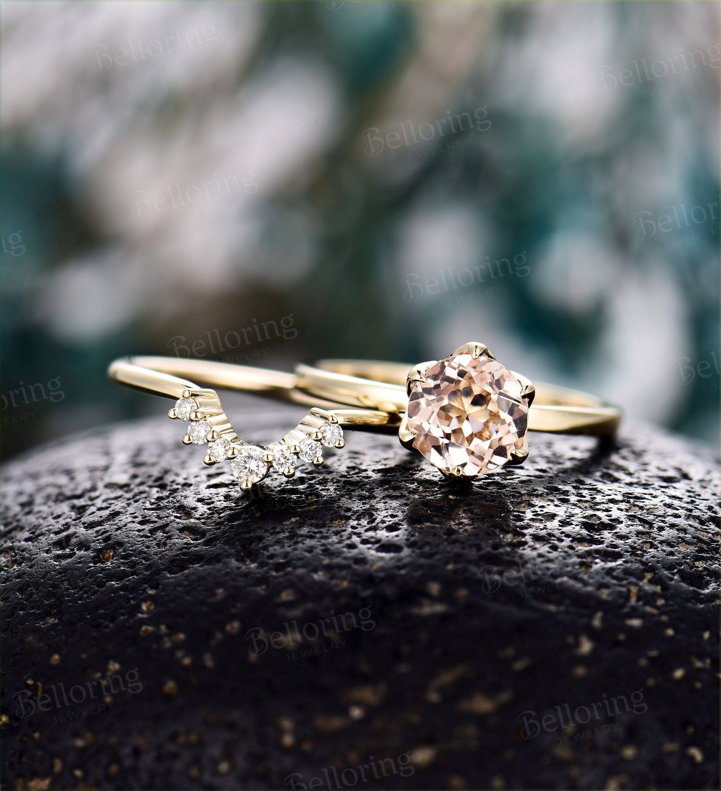 Morganite engagement ring set Diamond curved wedding band vintage prong set ring yellow gold Wedding ring set unique anniversary ring set