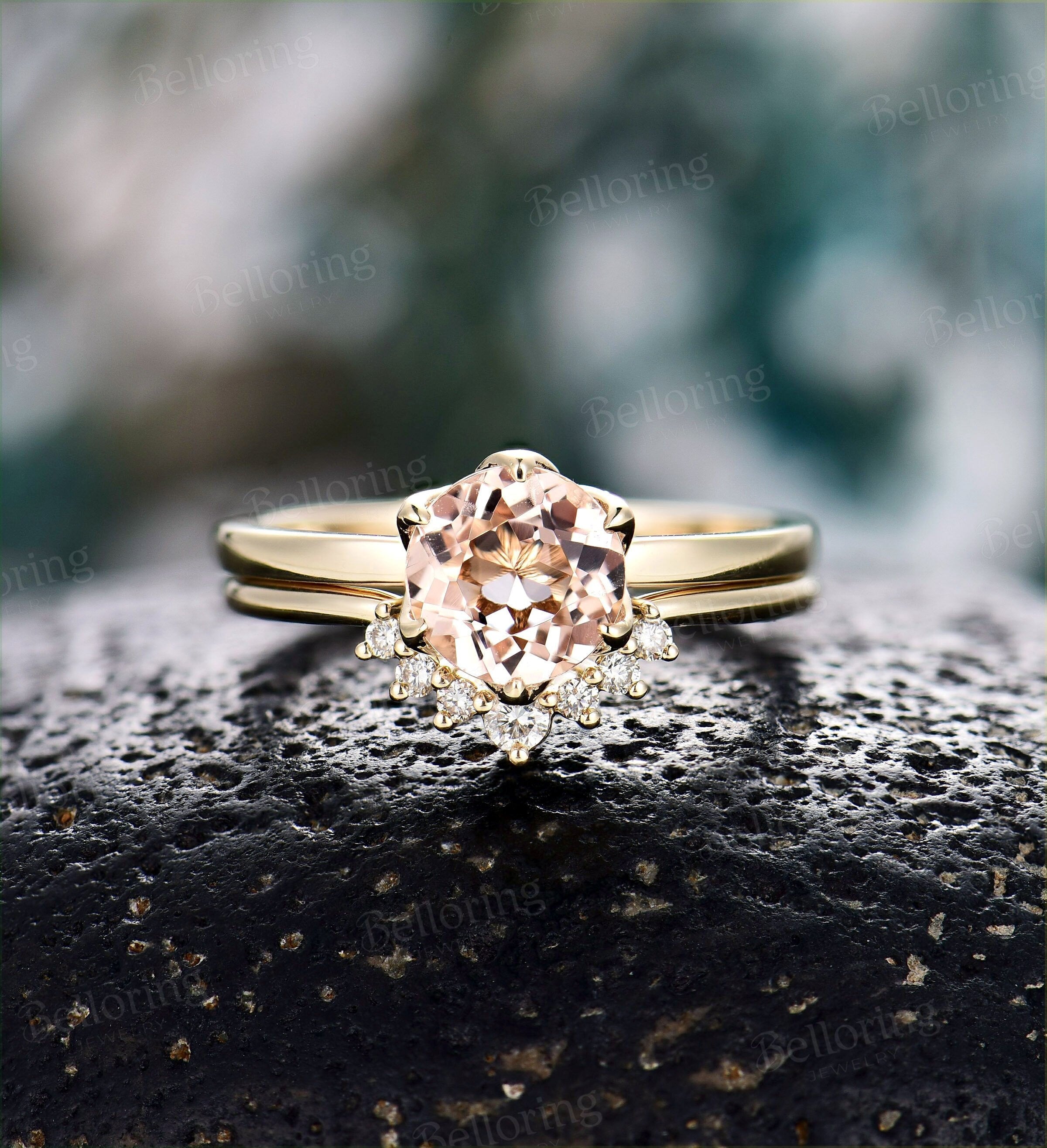 Morganite engagement ring set Diamond curved wedding band vintage prong set ring yellow gold Wedding ring set unique anniversary ring set