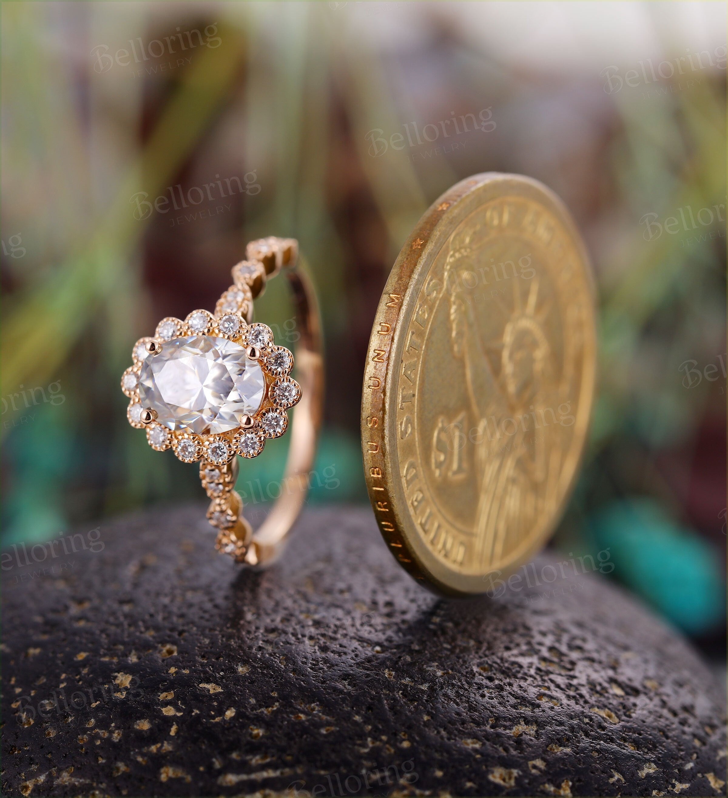 Moissanite engagement ring Rose gold oval cut vintage diamond halo unique Wedding  Jewelry birthstone Anniversary wedding ring