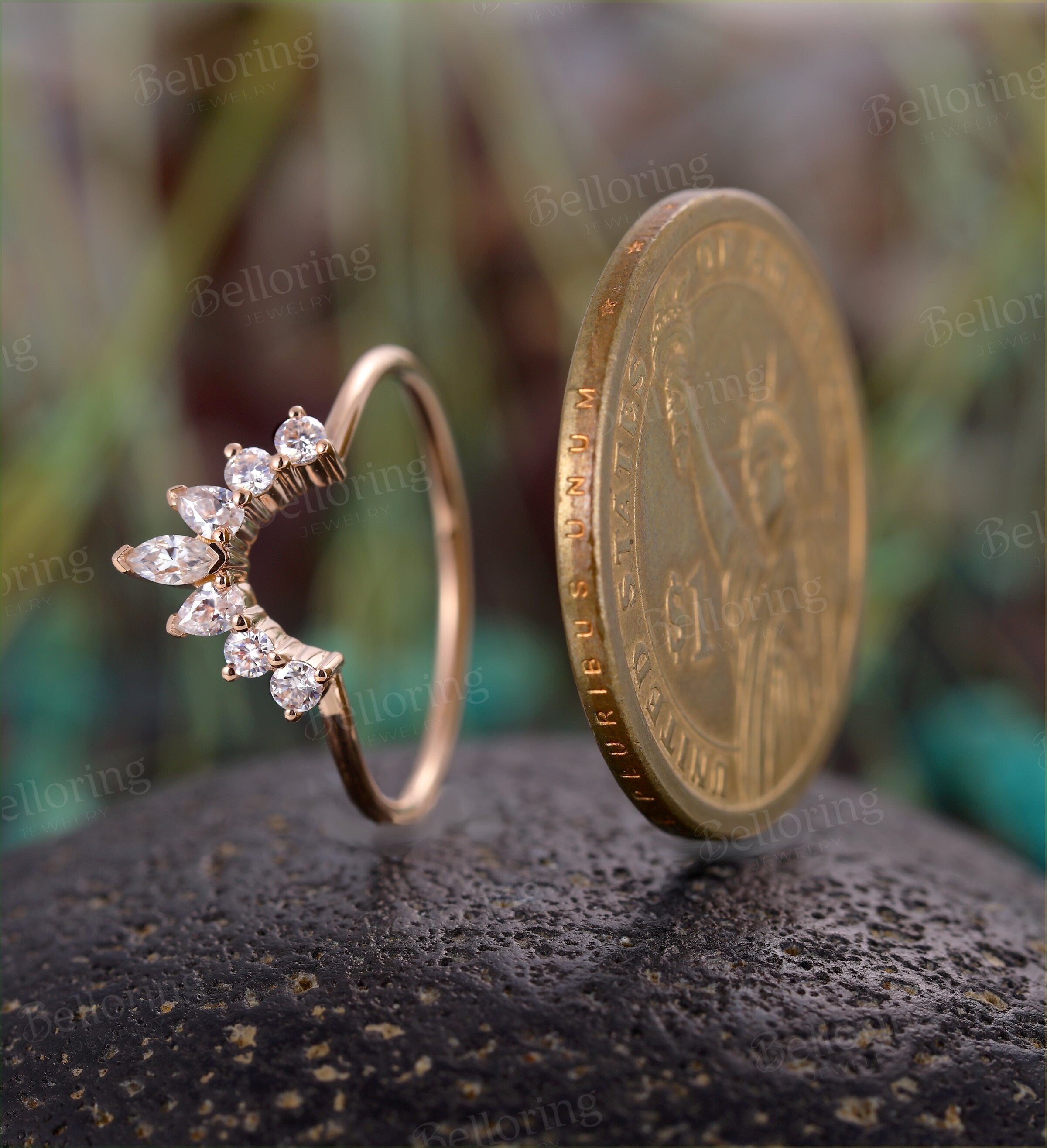 Moissanite/Diamond Curved wedding band rose gold wedding ring Vintage pear & marquise shaped Antique Matching Promise Anniversary ring