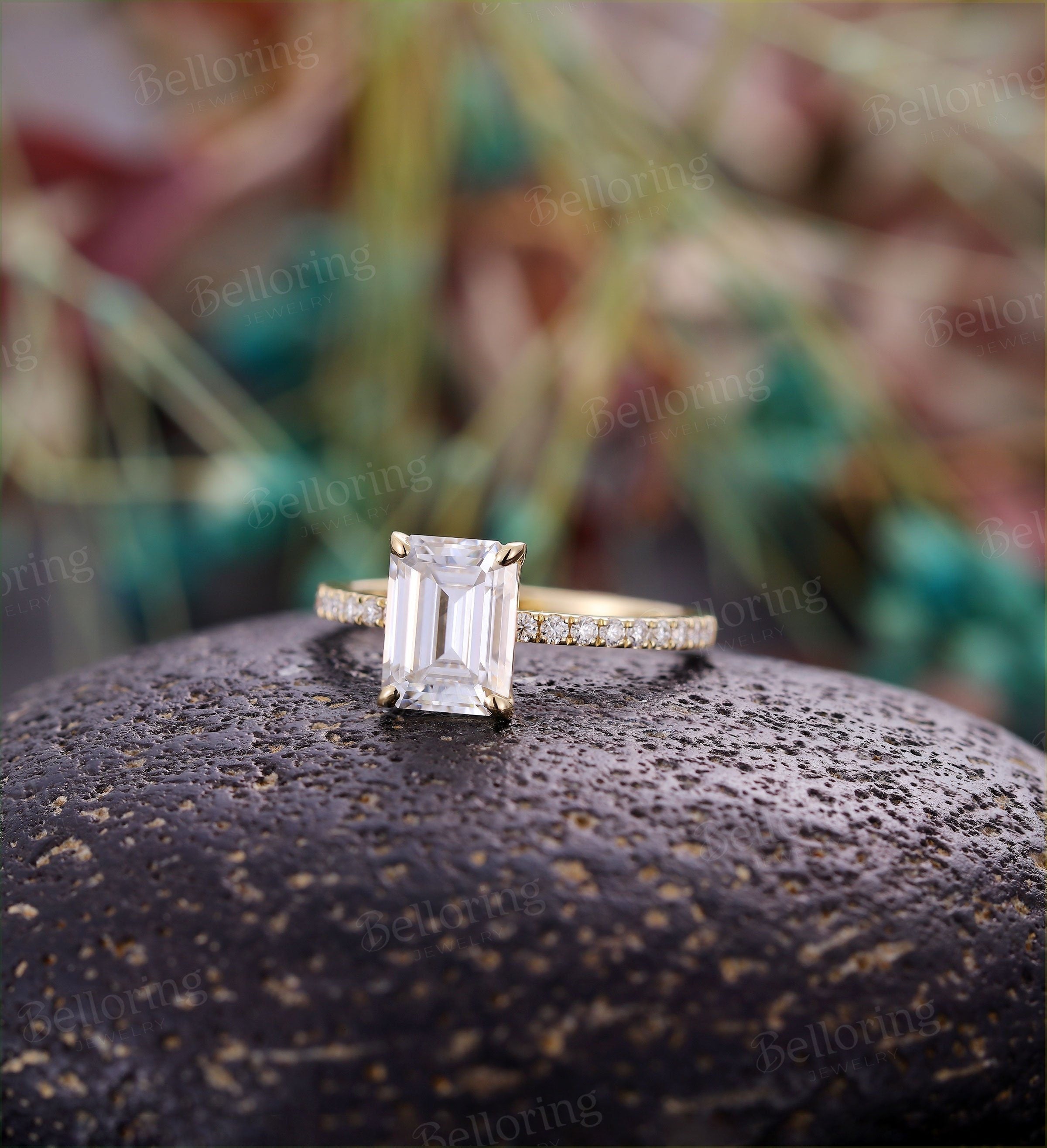 Emerald cut Moissanite engagement ring yellow gold vintage Half eternity diamond unique Wedding  Jewelry Anniversary wedding ring