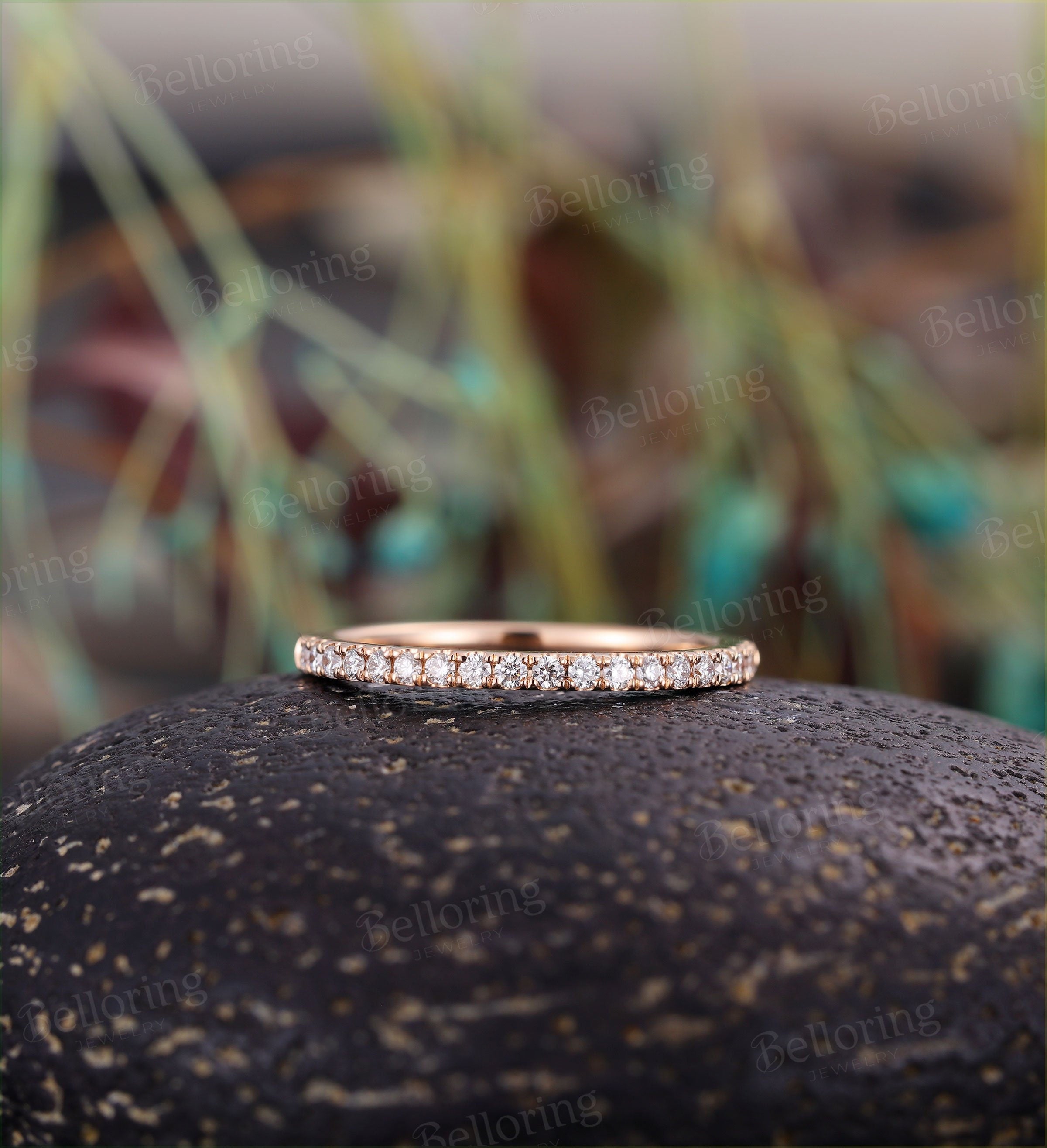 Moissanite & Diamond wedding band  rose gold Vintage half eternity micro pave Jewelry Antique Matching Promise Anniversary Gift for her