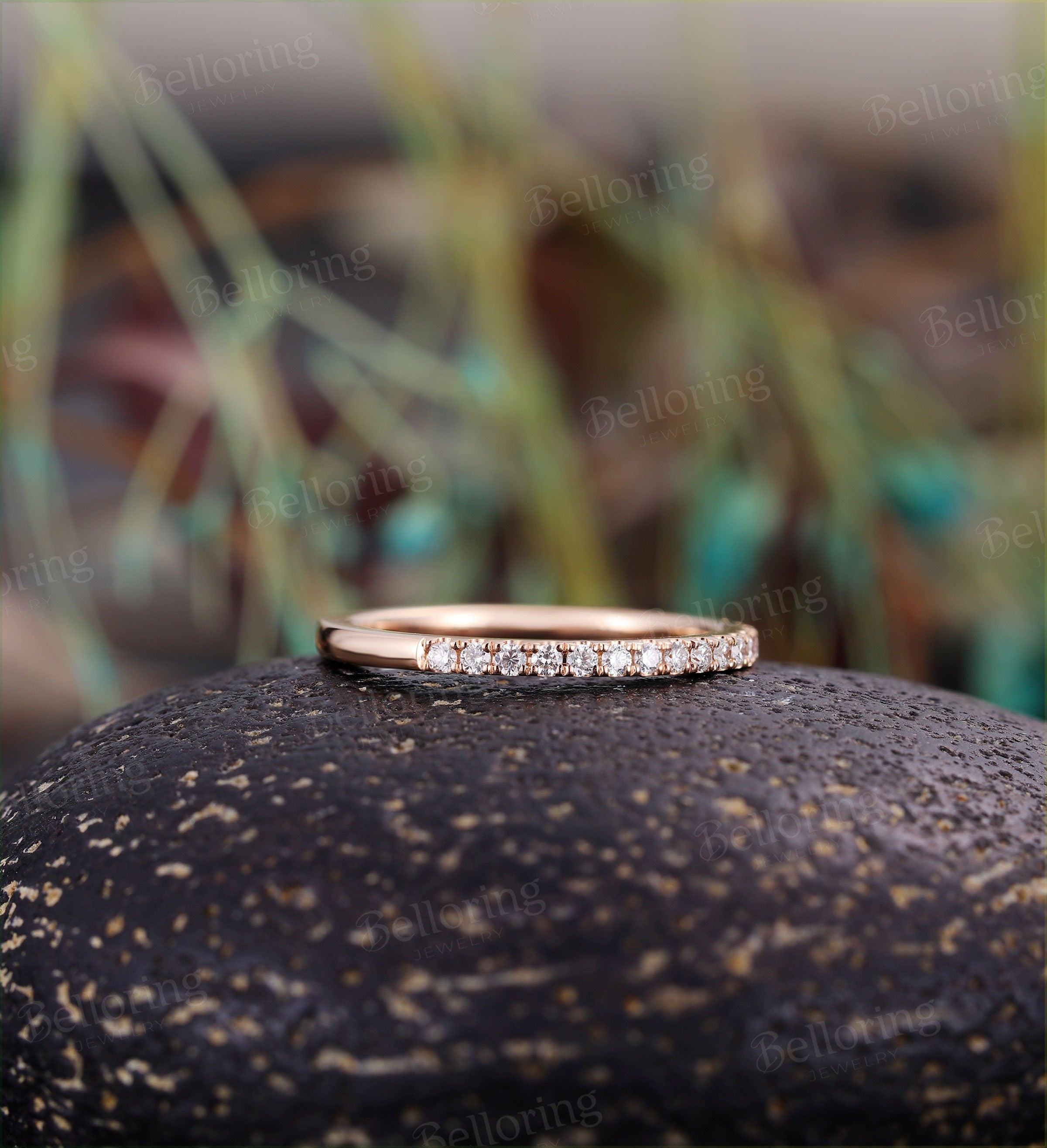 Moissanite & Diamond wedding band  rose gold Vintage half eternity micro pave Jewelry Antique Matching Promise Anniversary Gift for her