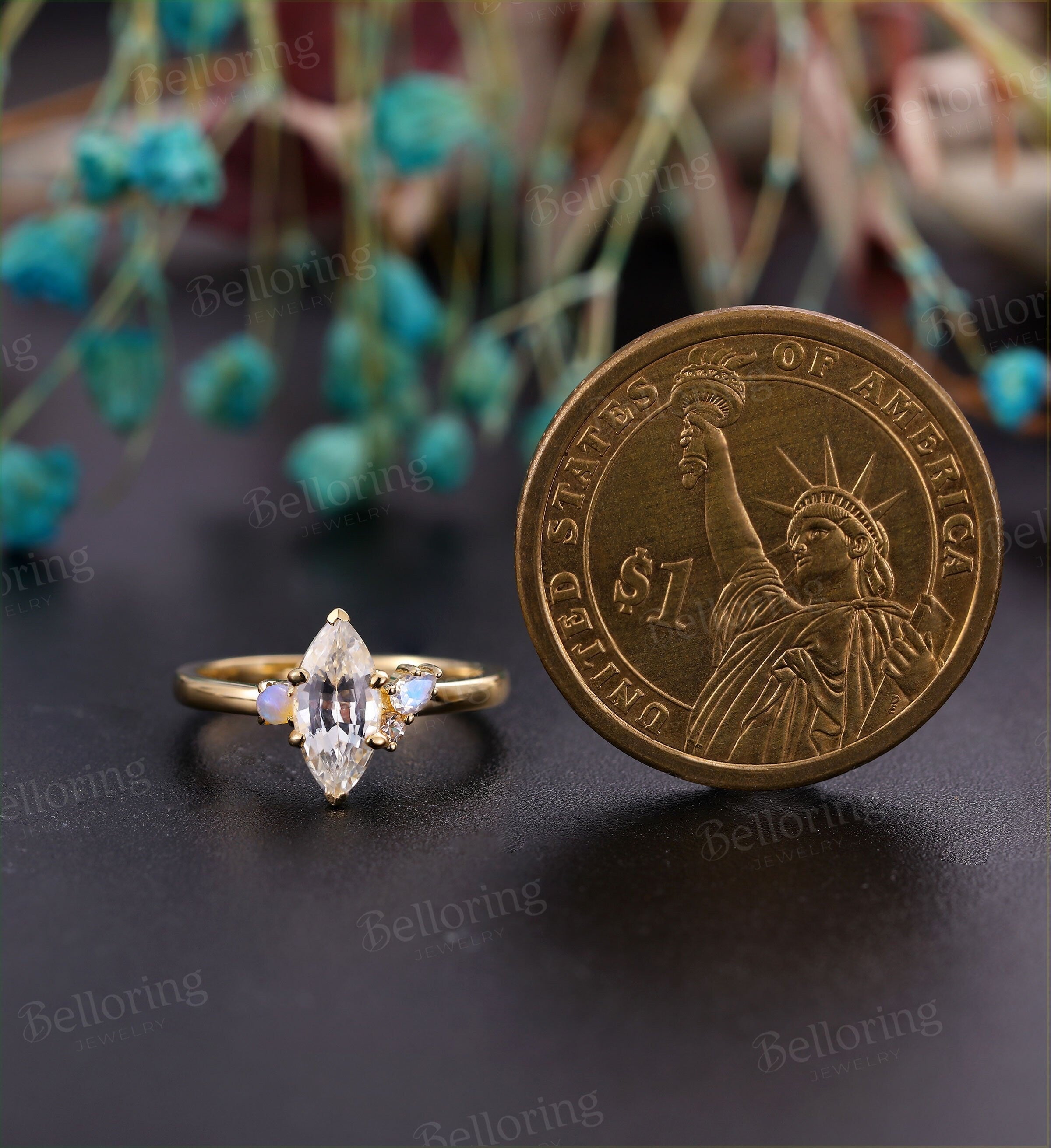 Marquise white sapphire engagement ring vintage yellow gold cluster pear moonstone opal morganite unique  Promise Anniversary gift