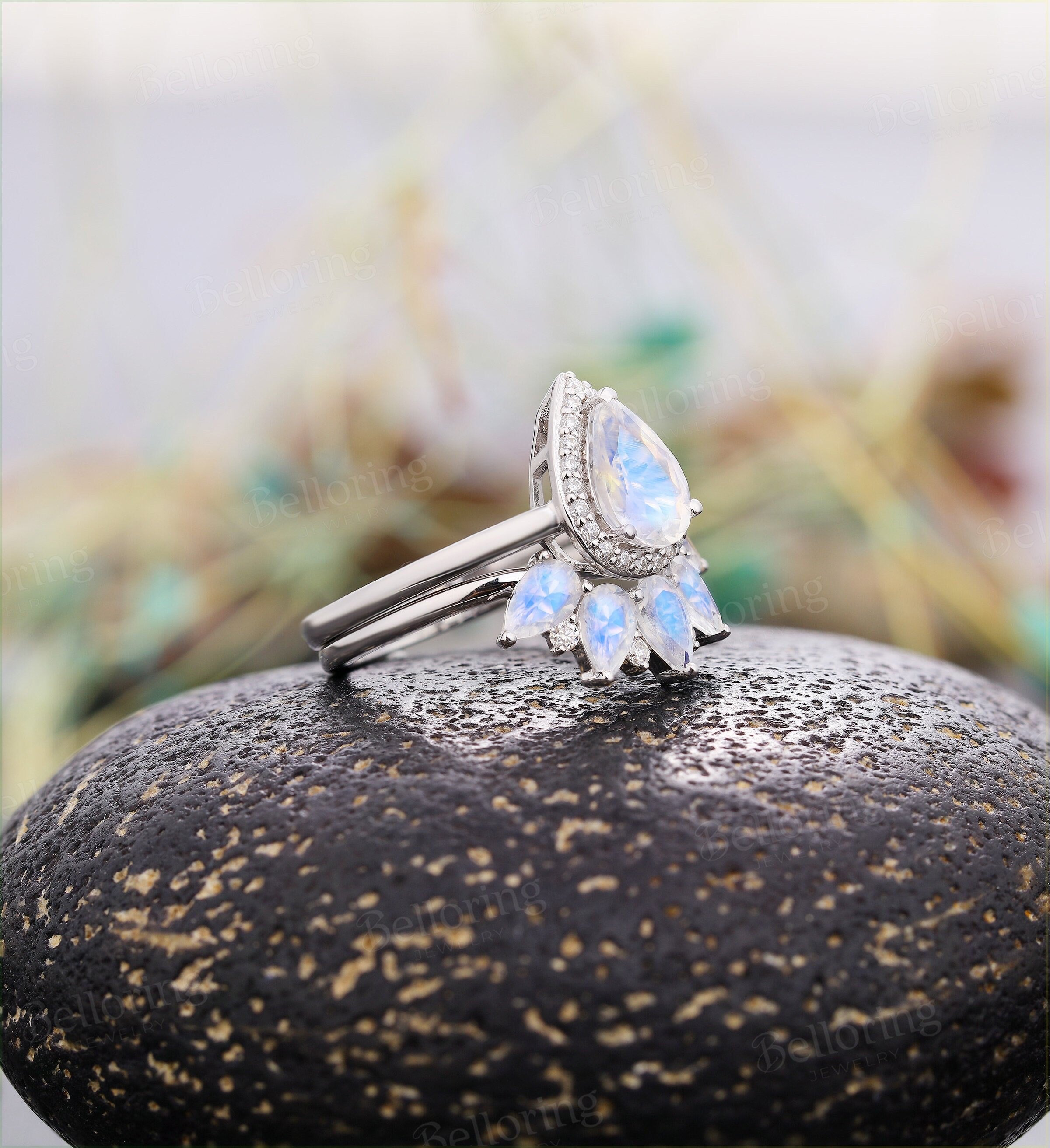 Moonstone engagement ring  vintage pear shaped moissanite unique Wedding Ring set Jewelry art deco birthstone Anniversary wedding ring