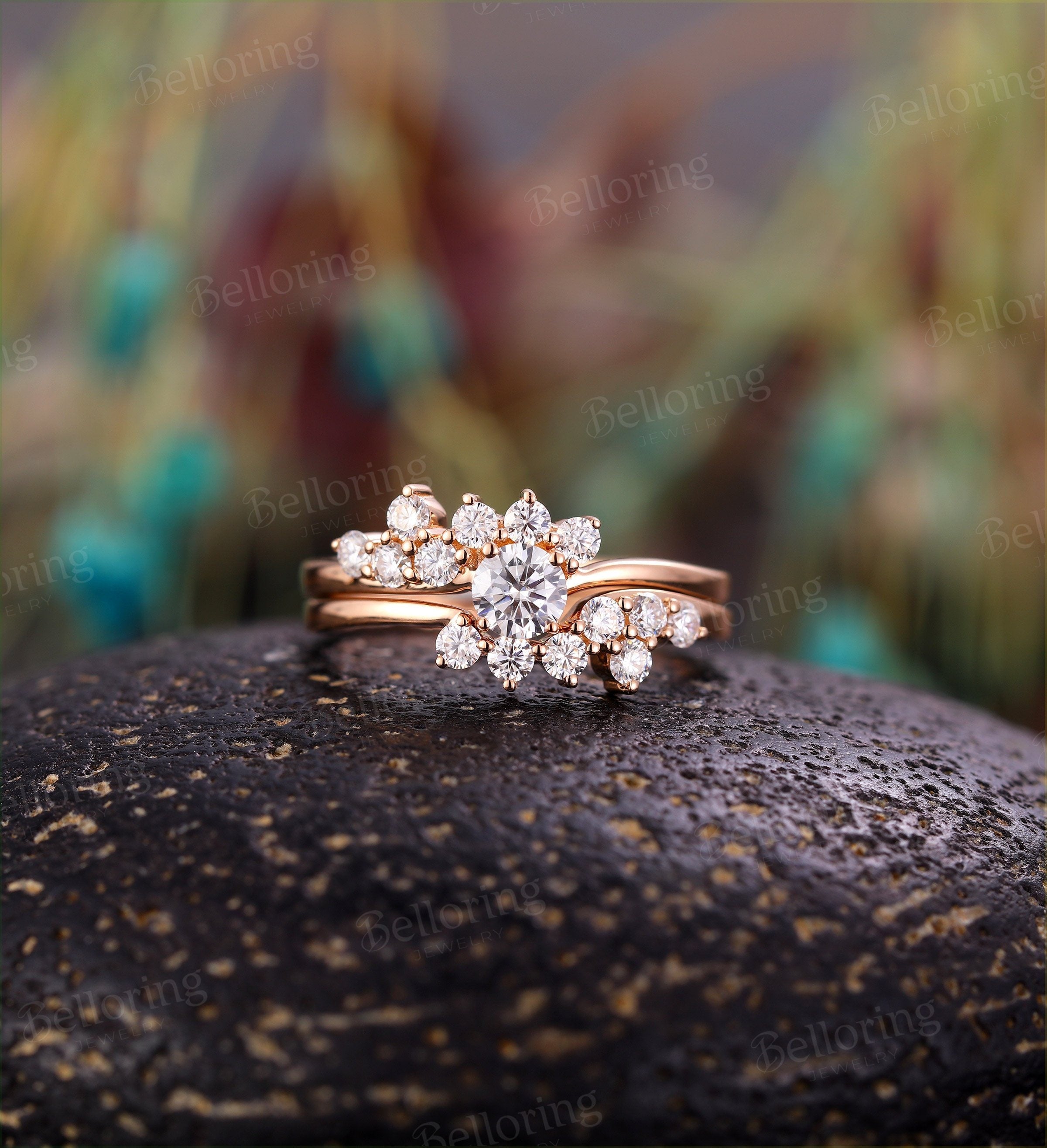 Moissanite engagement ring set Vintage  cluster Art deco rose gold flower ring Unique wedding Jewelry promise Anniversary wedding ring