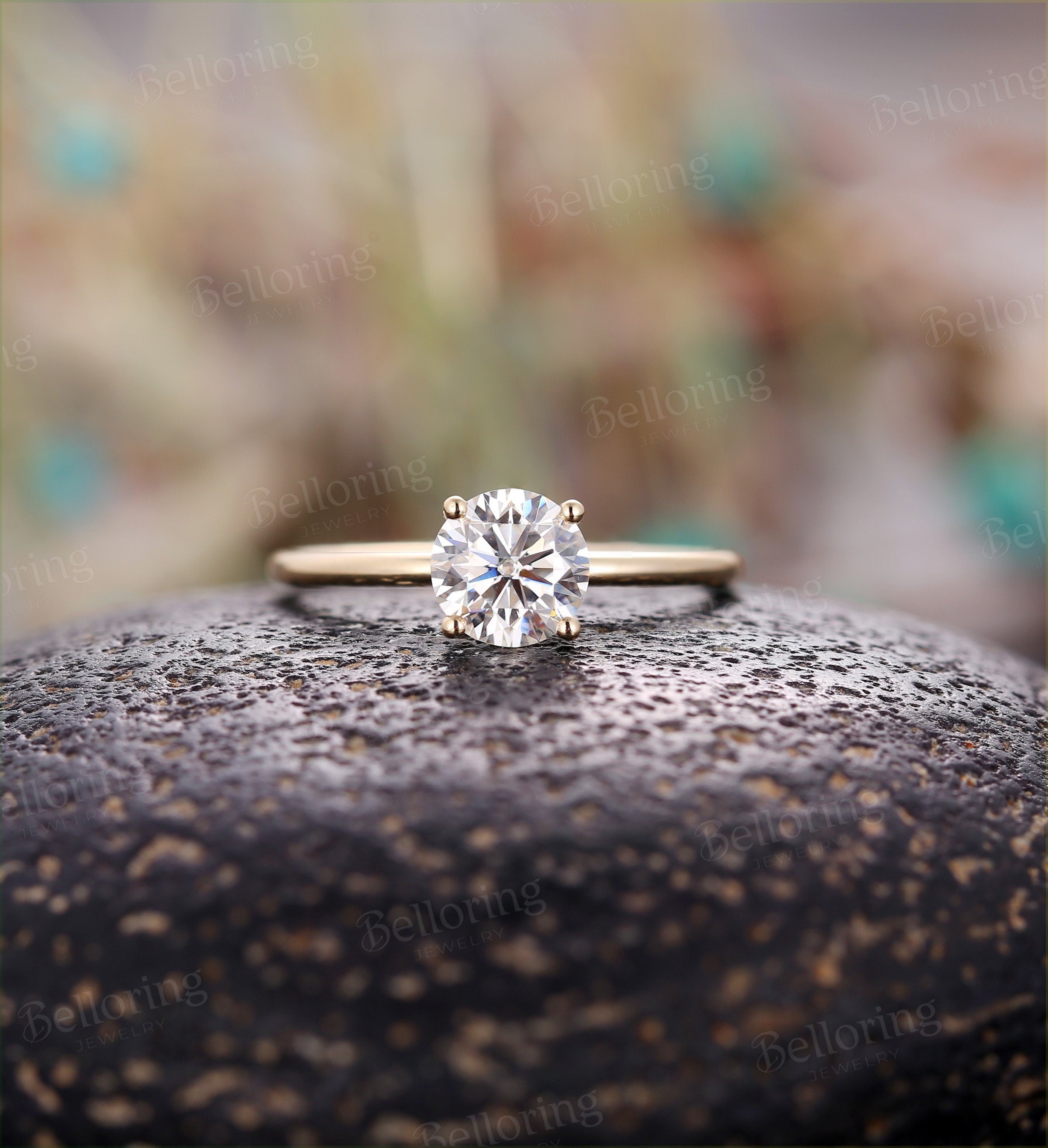 C&C Forever One Moissanite Engagement Ring  Yellow Gold vintage solitaire simple Art Deco   Promise Anniversary wedding ring