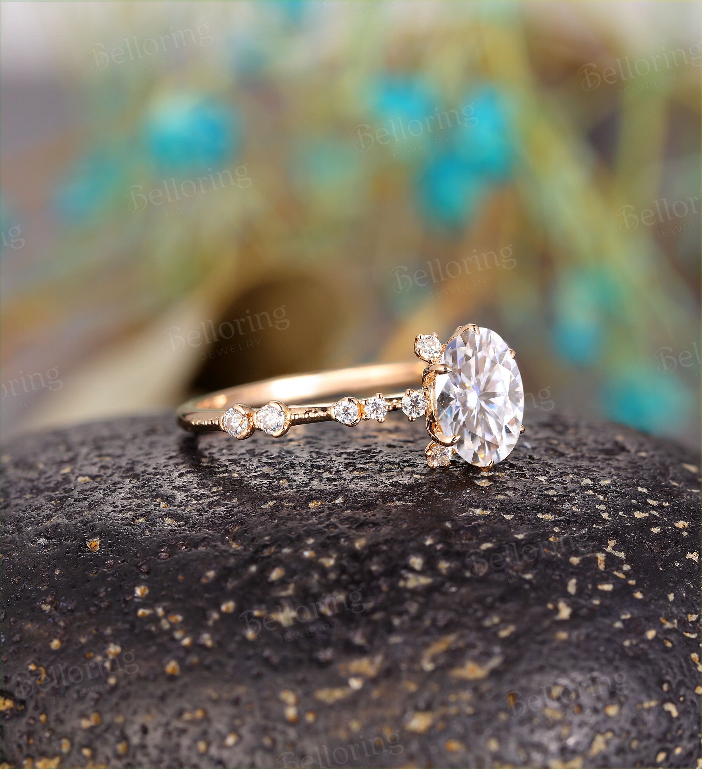 Art deco oval cut moissanite engagement ring Vintage antique rose gold Unique wedding  milgrain promise ring Anniversary ring