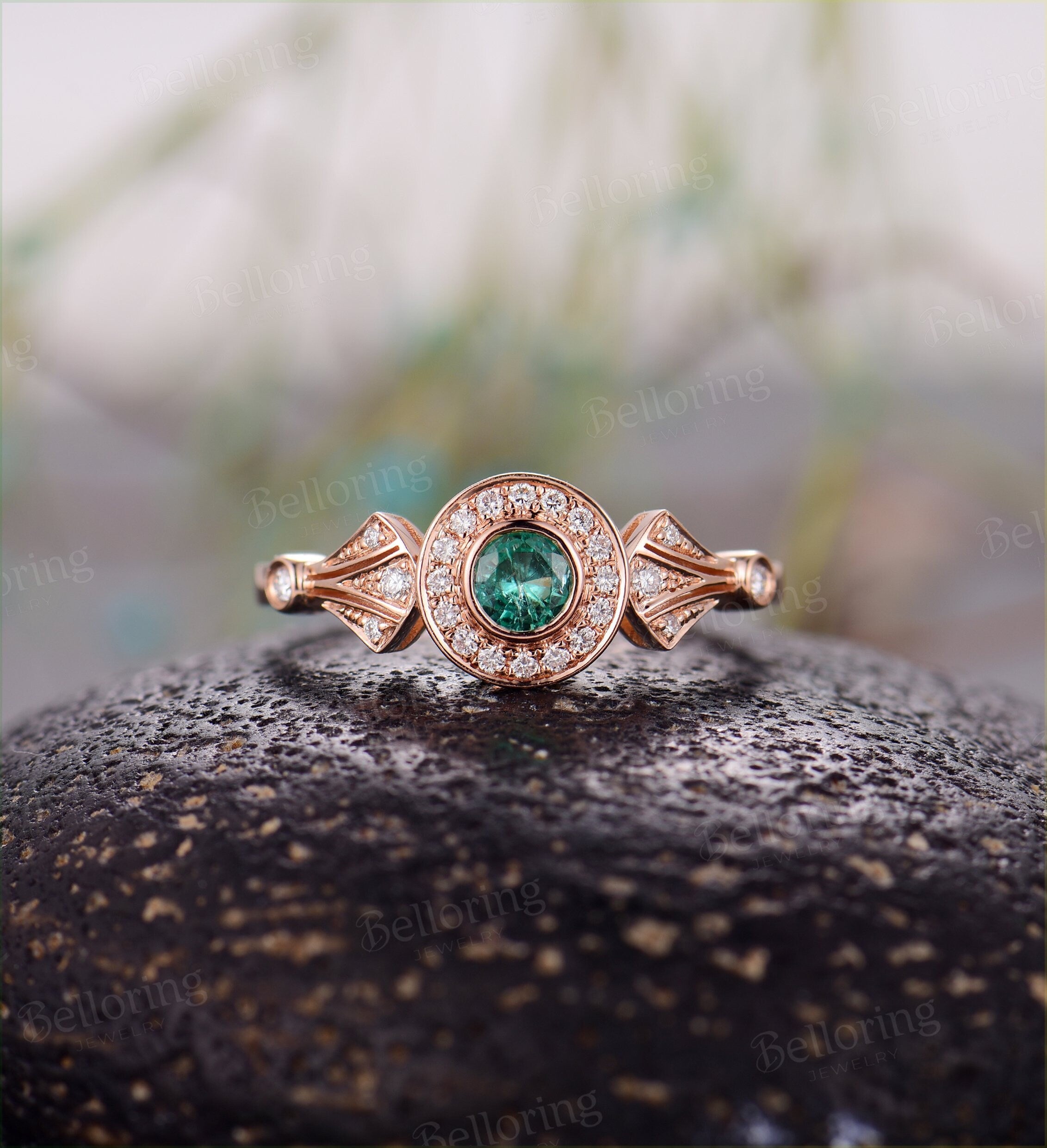 Emerald  Engagement Ring rose Gold vintage round cut Art Deco Antique halo diamond wedding ring    Promise Anniversary wedding ring