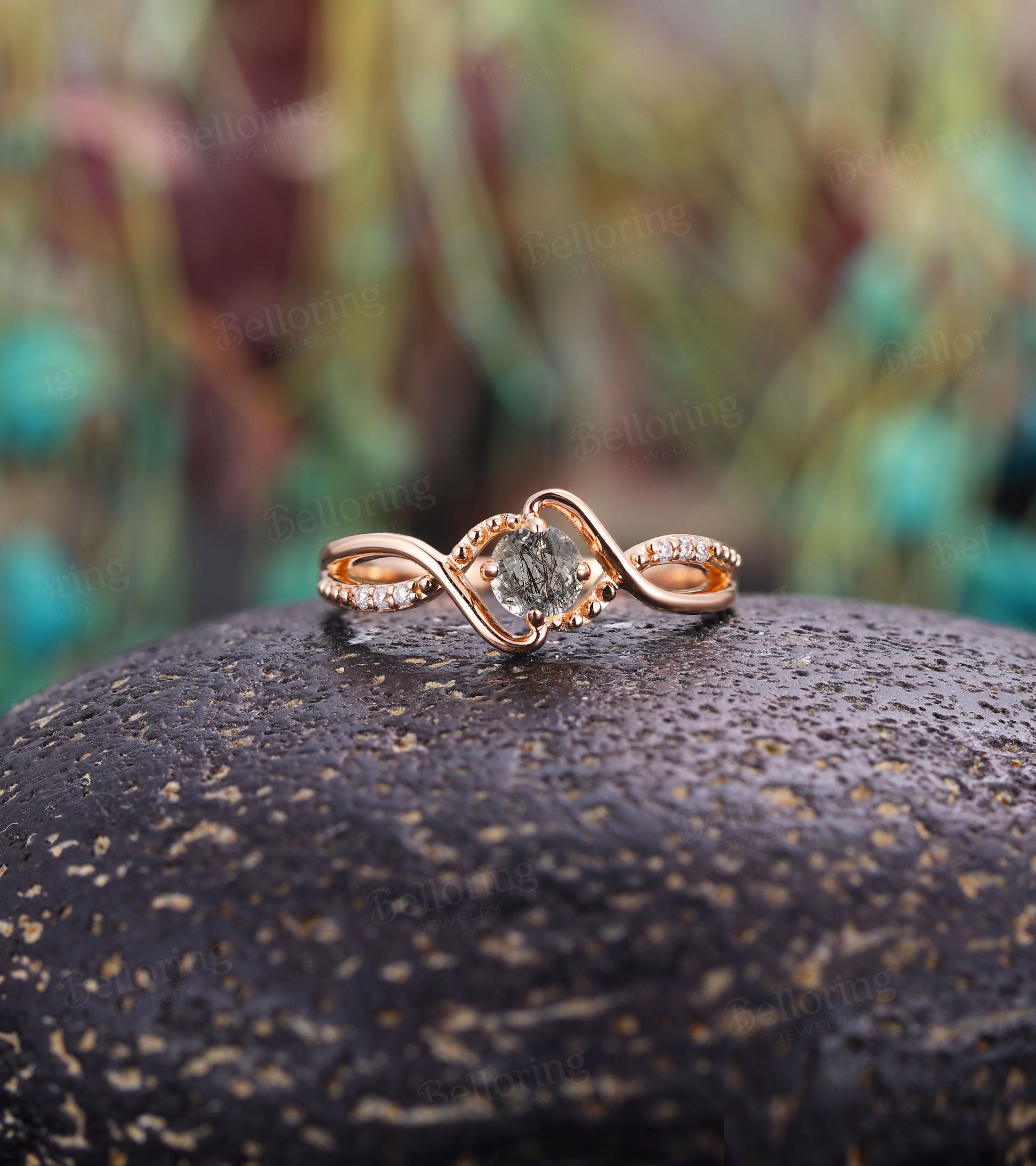 Black Rutilated Quartz engagement ring Vintage diamond ring twist ring rose gold ring Unique wedding ring Art deco ring antique ring