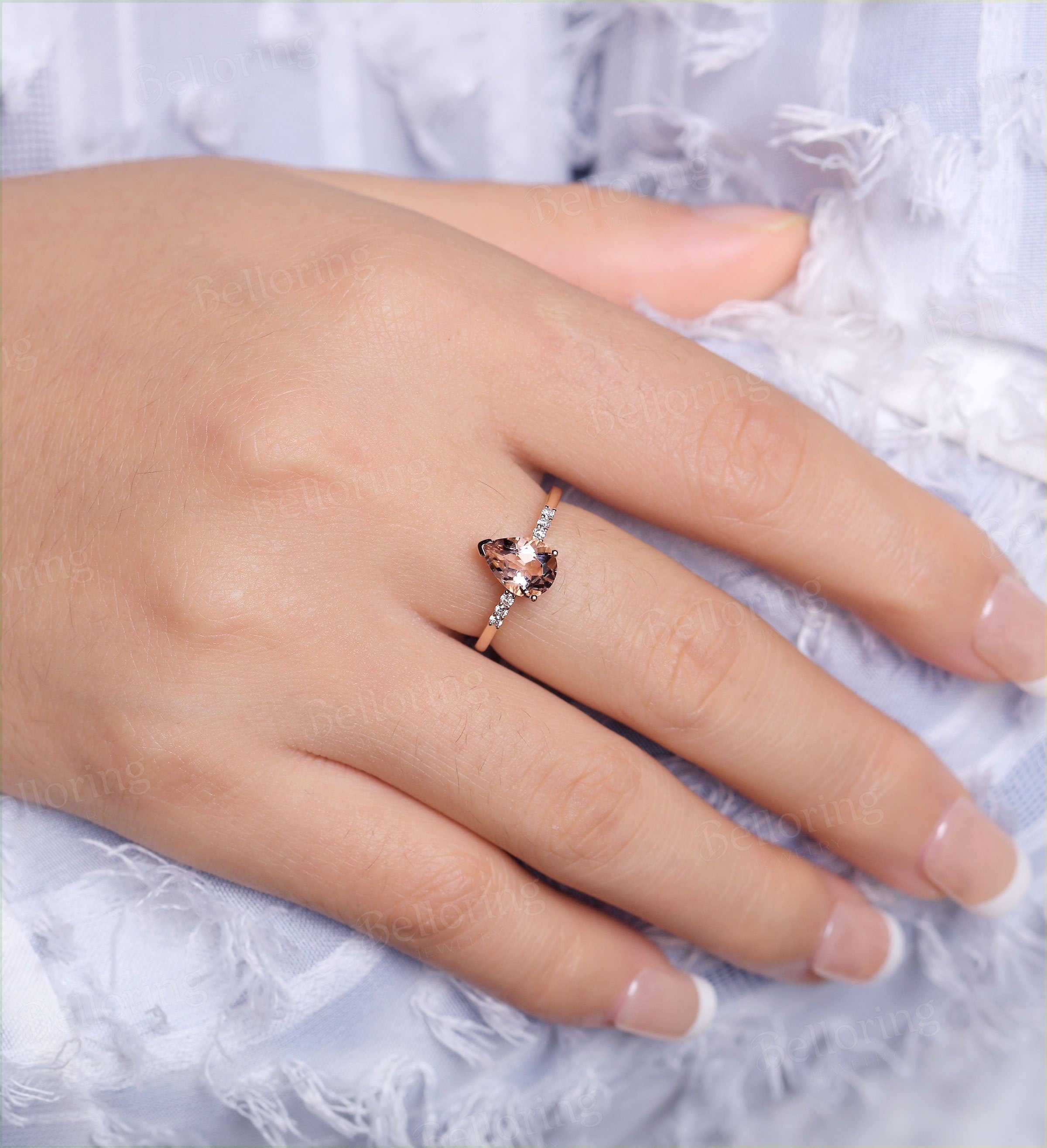 Morganite Engagement Ring Rose Gold Pear Cut Vintage prong set Diamond Wedding antique unique Promise wedding ring Bridal Jewelry