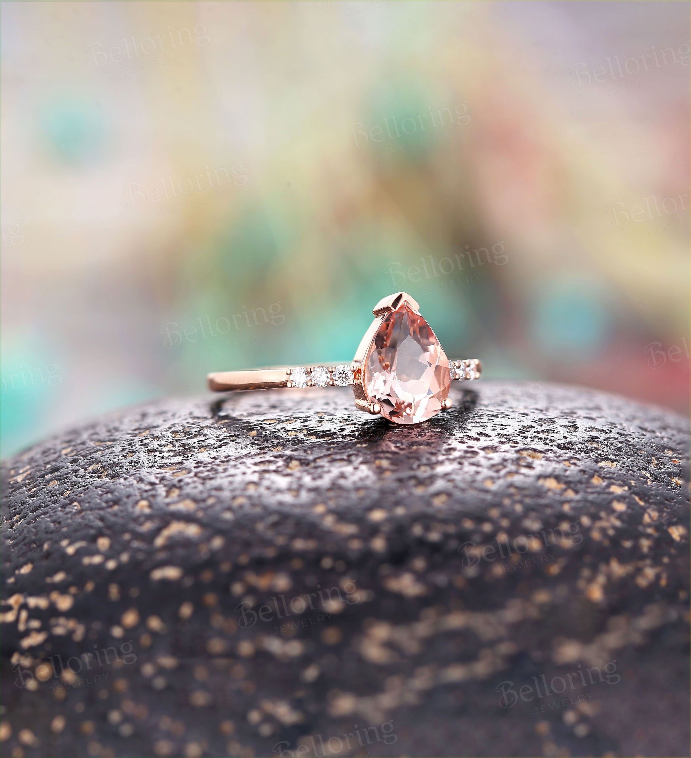 Morganite Engagement Ring Rose Gold Pear Cut Vintage prong set Diamond Wedding antique unique Promise wedding ring Bridal Jewelry