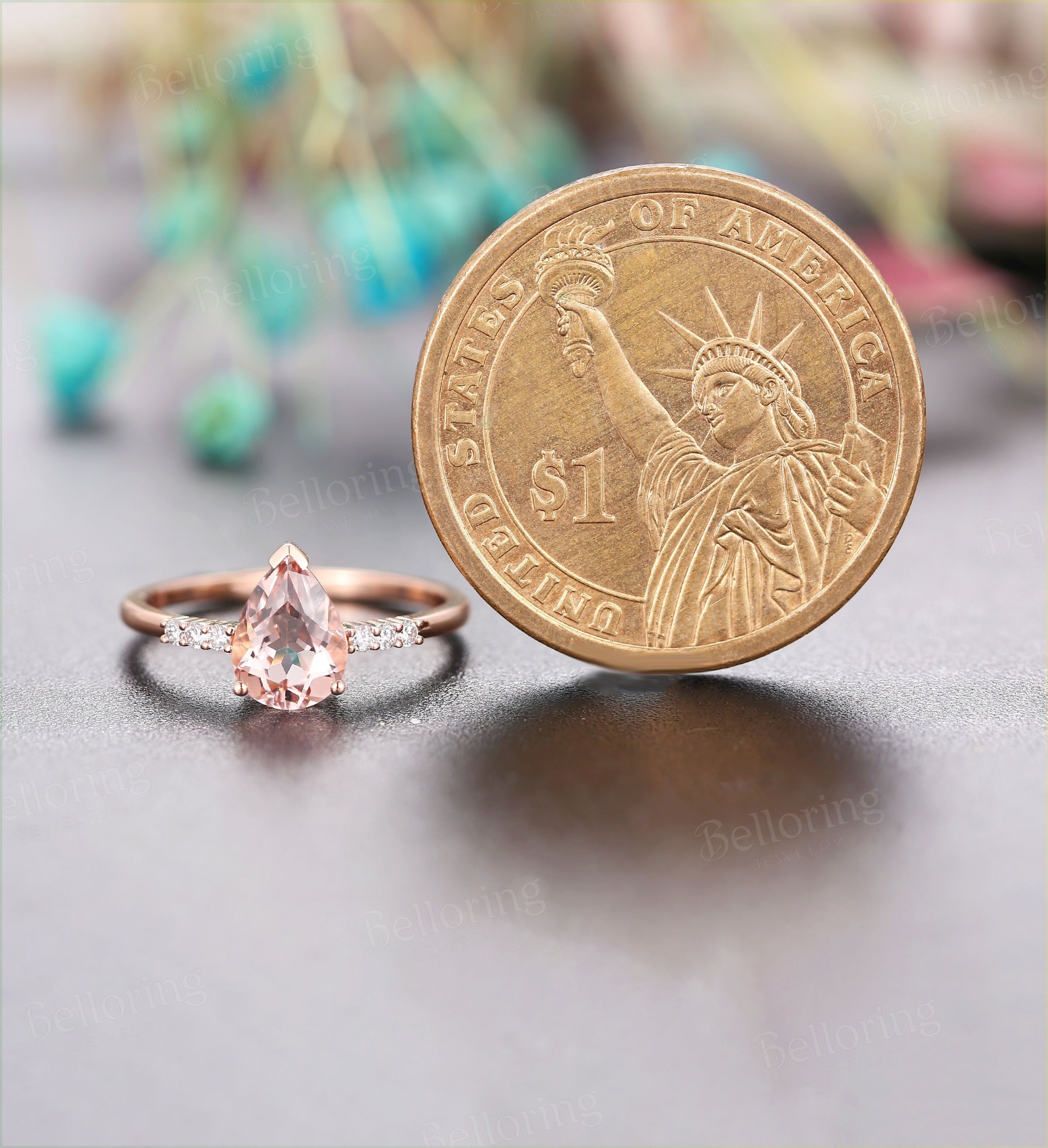 Morganite Engagement Ring Rose Gold Pear Cut Vintage prong set Diamond Wedding antique unique Promise wedding ring Bridal Jewelry