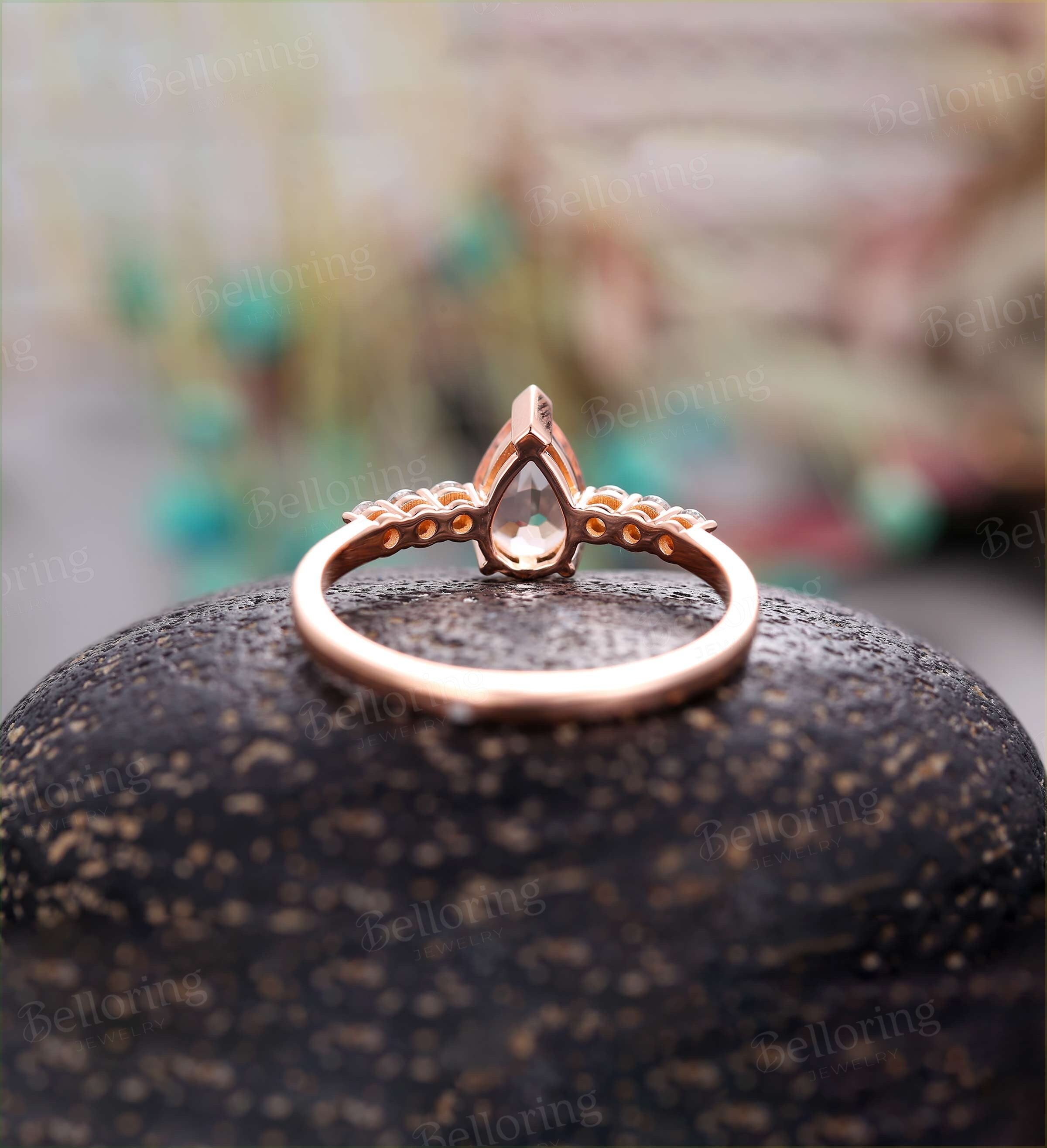 Morganite Engagement Ring Rose Gold Pear shaped Vintage prong set Diamond Wedding antique unique Promise wedding ring Bridal Jewelry