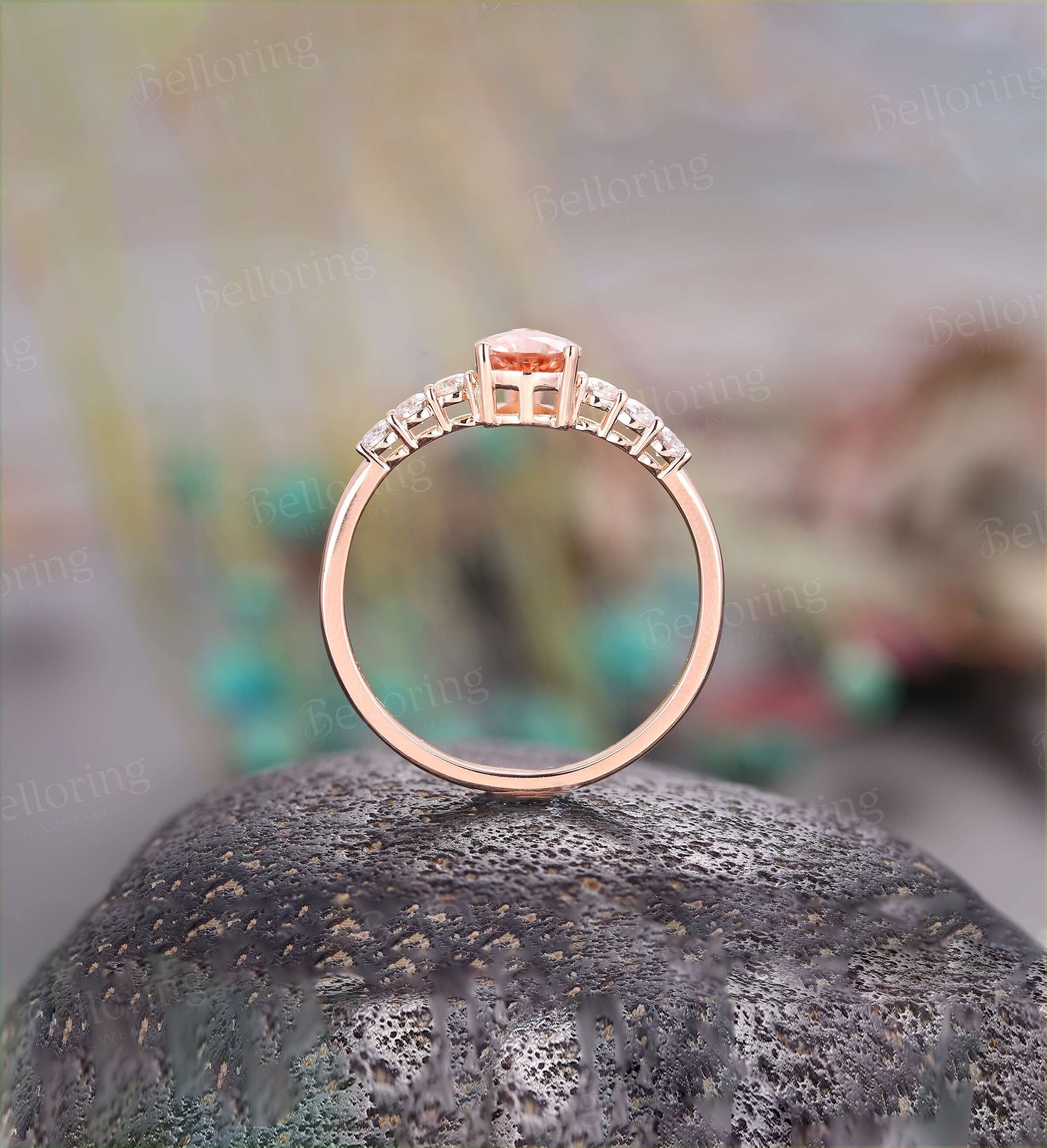 Morganite Engagement Ring Rose Gold Pear shaped Vintage prong set Diamond Wedding antique unique Promise wedding ring Bridal Jewelry