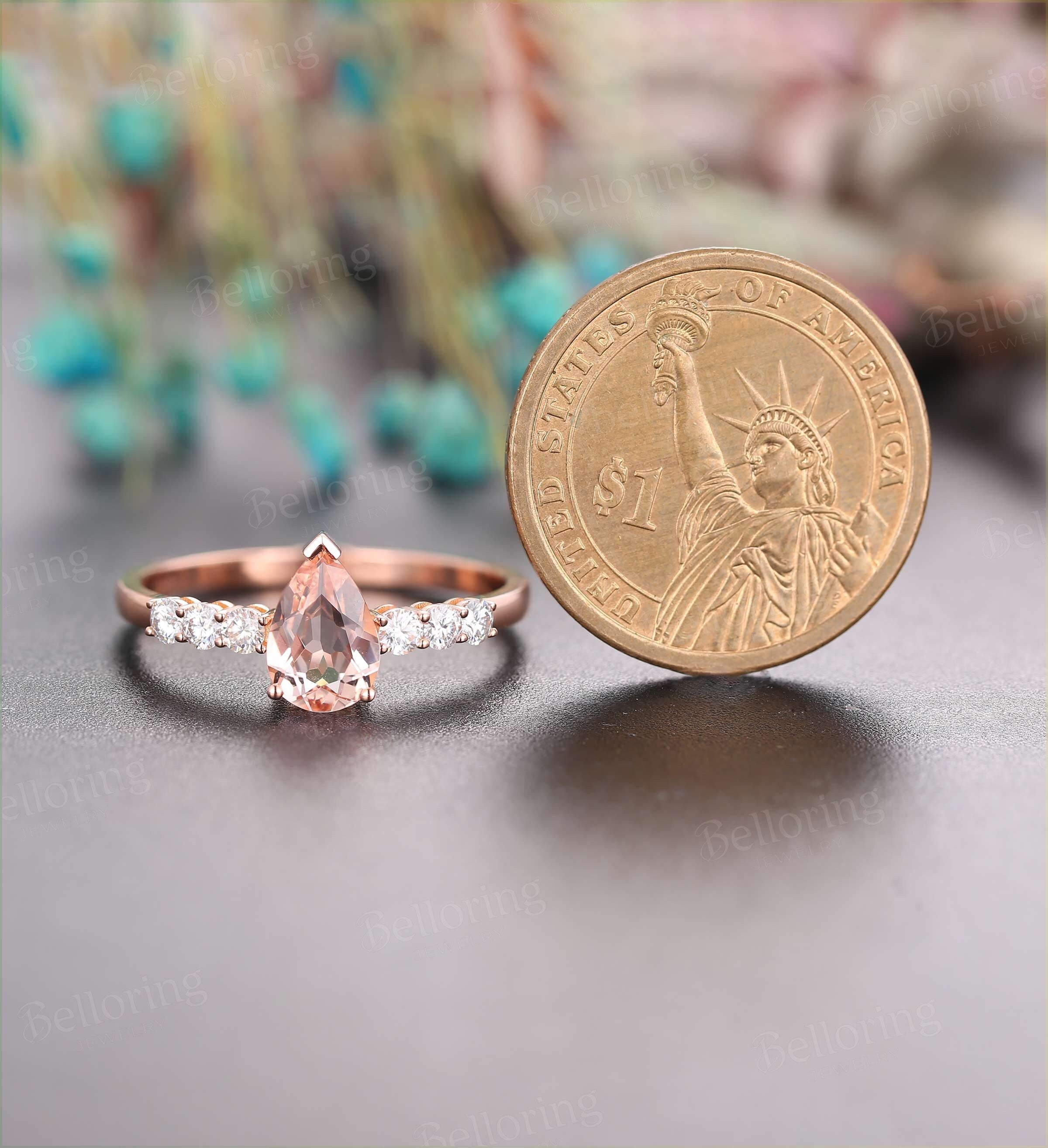 Morganite Engagement Ring Rose Gold Pear shaped Vintage prong set Diamond Wedding antique unique Promise wedding ring Bridal Jewelry