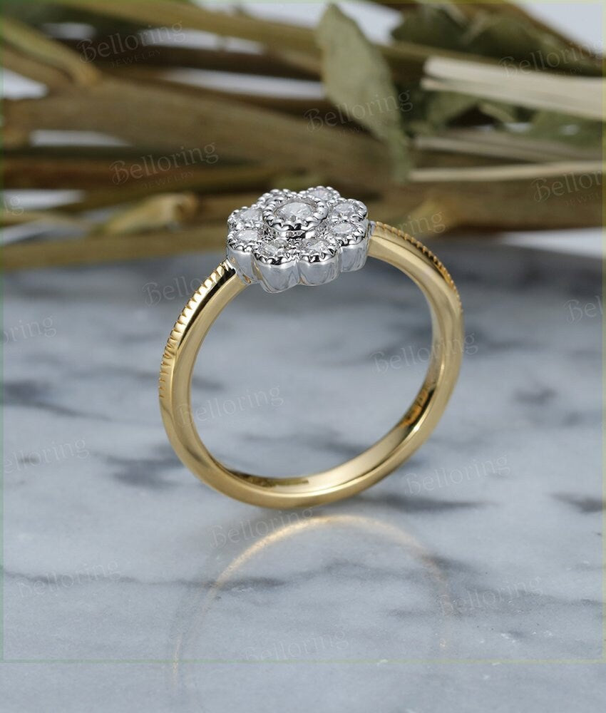 Diamond engagement ring 14k yellow gold halo vintage  wedding  flower  Bridal Jewelry Unique Antique Promise Anniversary wedding ring