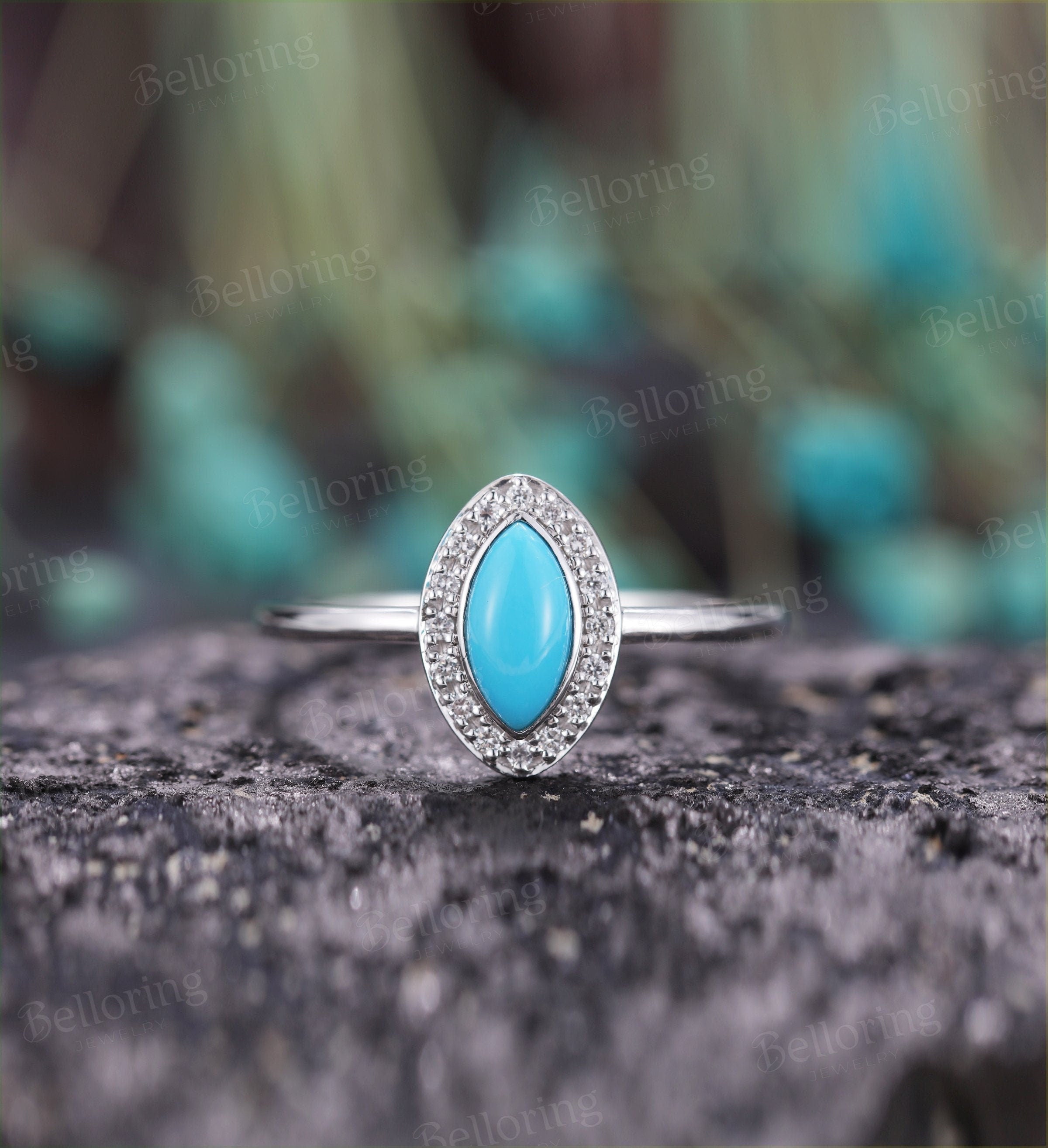 Marquise shaped turquoise engagement ring set vintage white gold halo diamond unique art deco  Antique Promise anniversary wedding ring