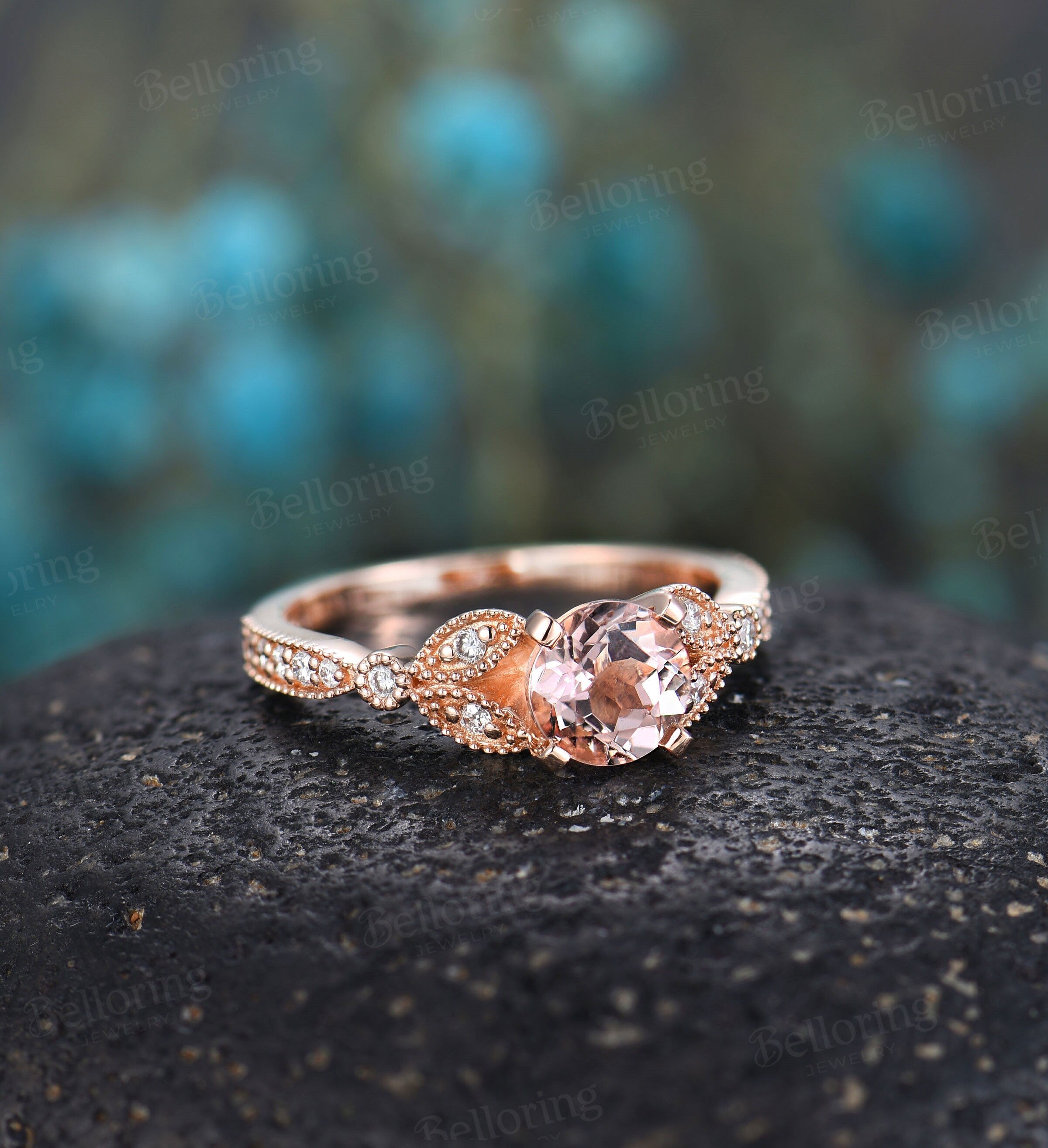 Morganite engagement ring  rose gold prong set vintage Moissanite milgrain Wedding  unique art deco Jewelry Anniversary wedding ring