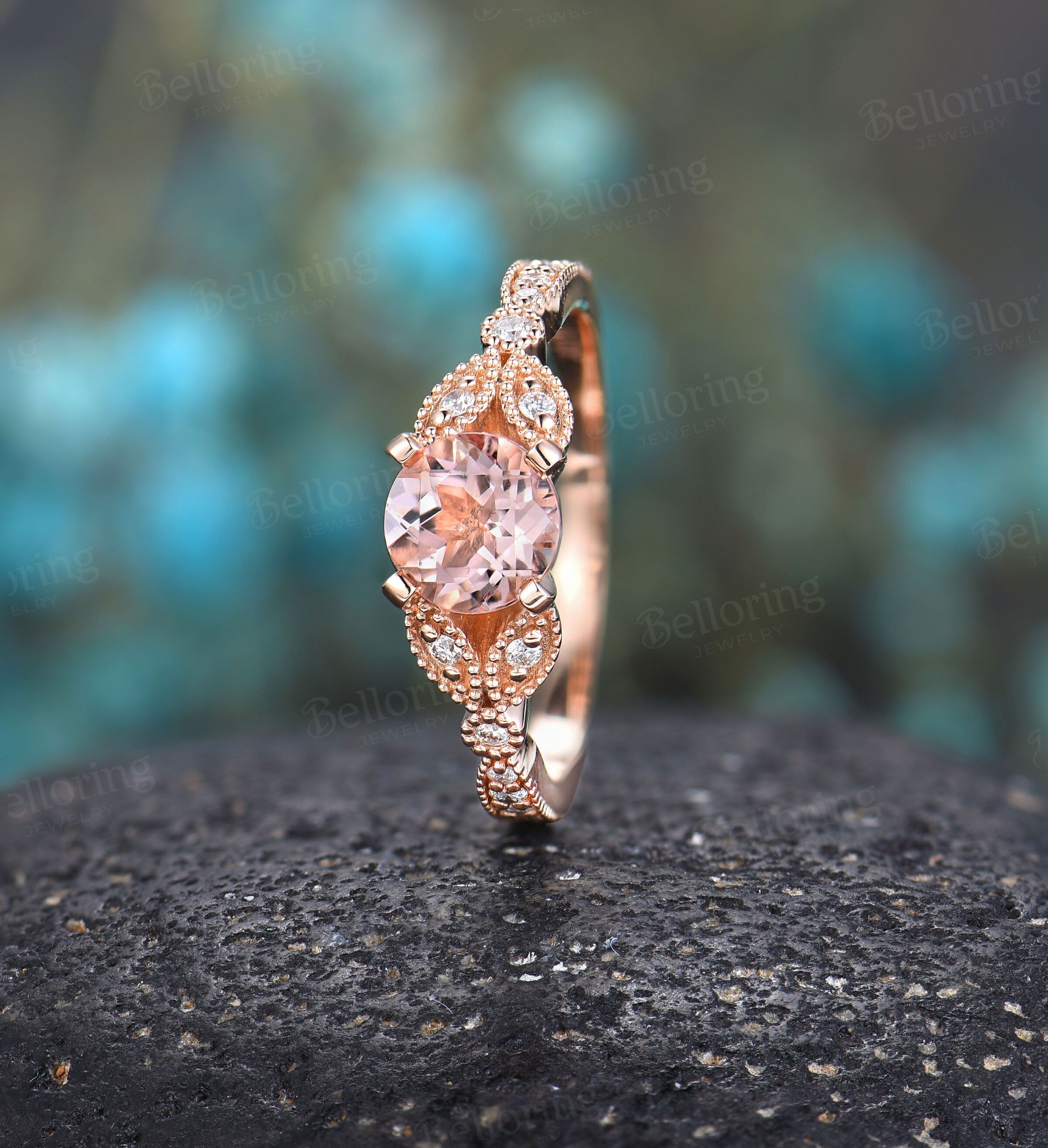 Morganite engagement ring  rose gold prong set vintage Moissanite milgrain Wedding  unique art deco Jewelry Anniversary wedding ring