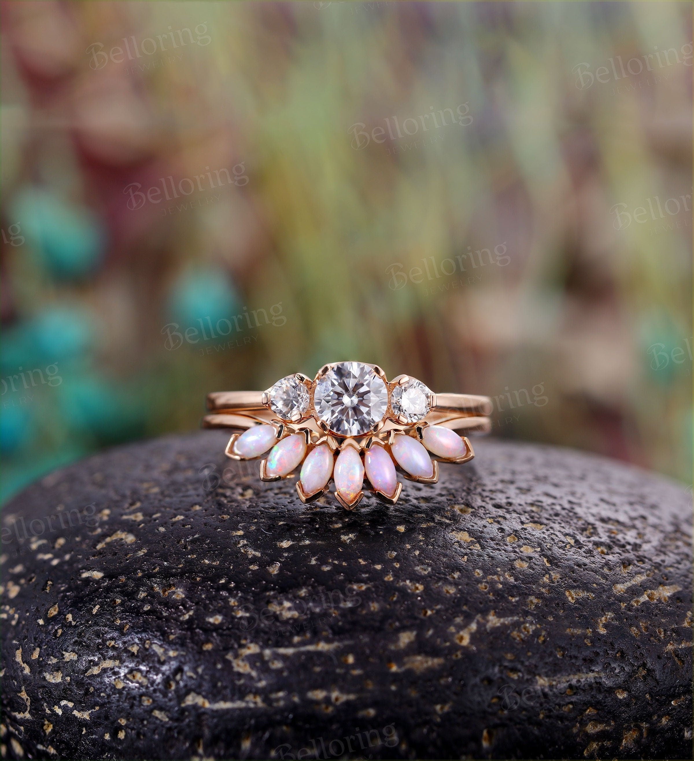 Moissanite engagement ring set for  3 stone ring Marquise cut opal curved wedding band Vintage rose gold Art deco Jewelry wedding ring