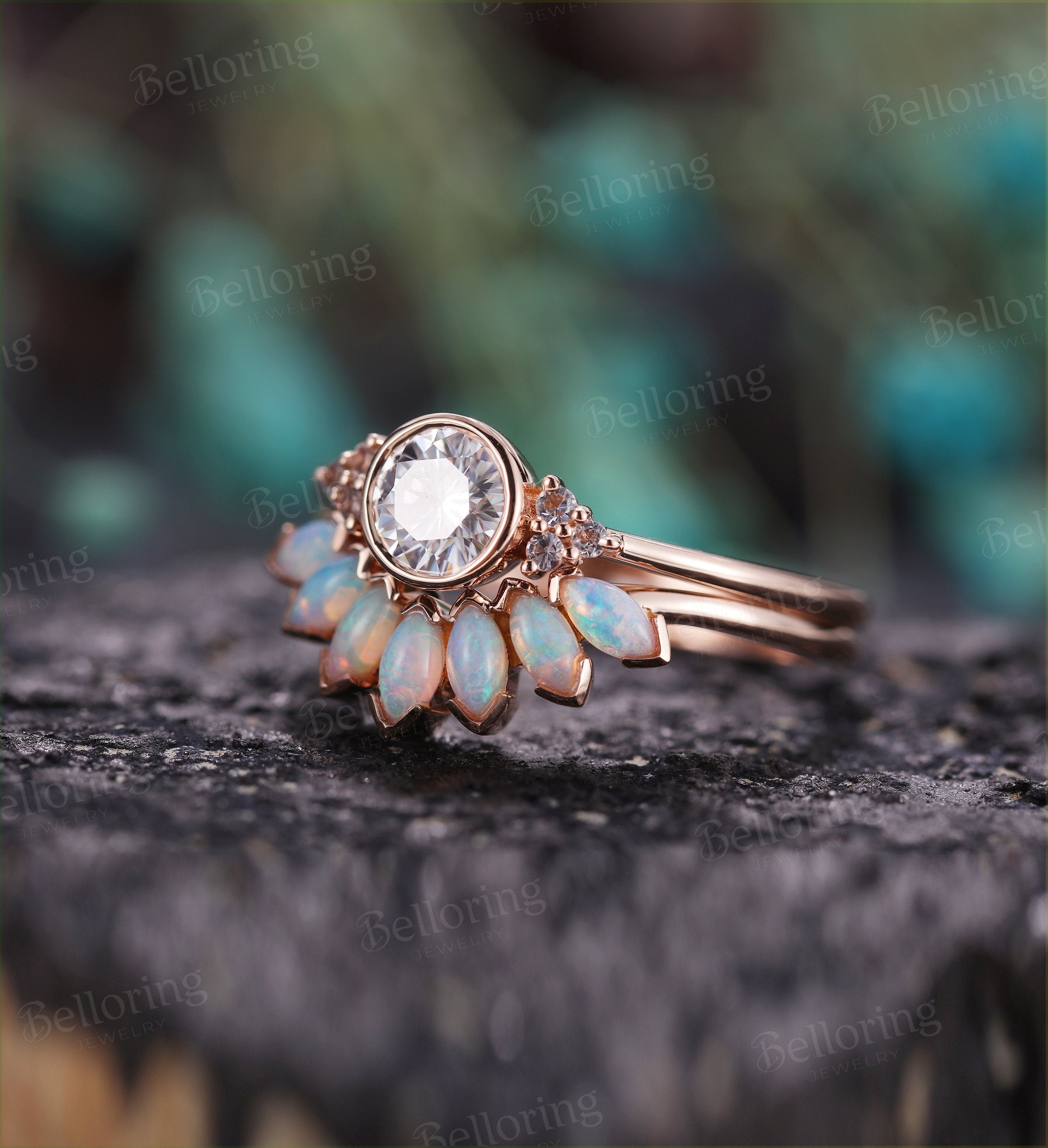 Moissanite engagement ring set  opal Vintage Topaz rose gold Unique wedding Bridal Jewelry birthstone art deco Anniversary wedding ring