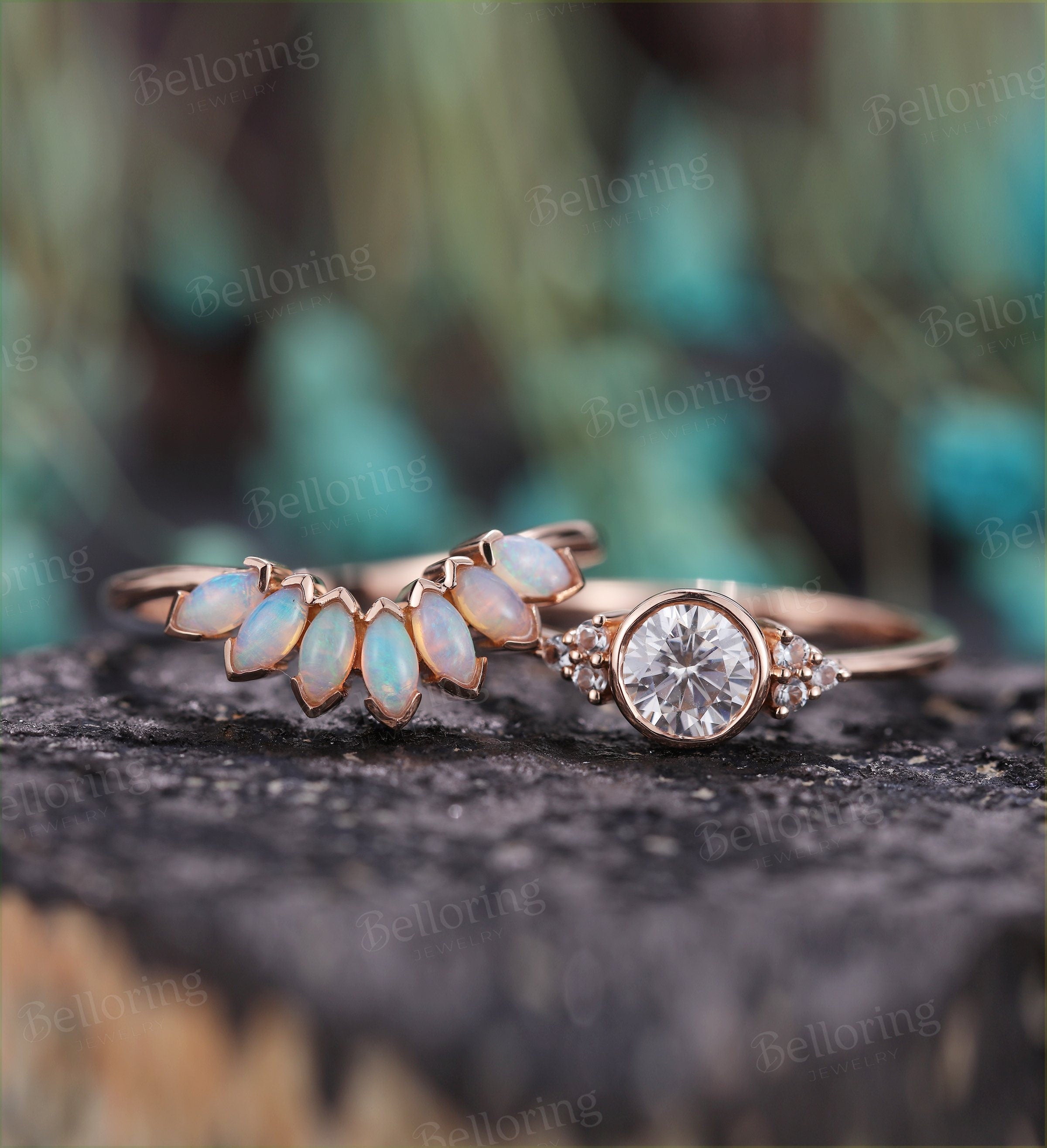 Moissanite engagement ring set  opal Vintage Topaz rose gold Unique wedding Bridal Jewelry birthstone art deco Anniversary wedding ring