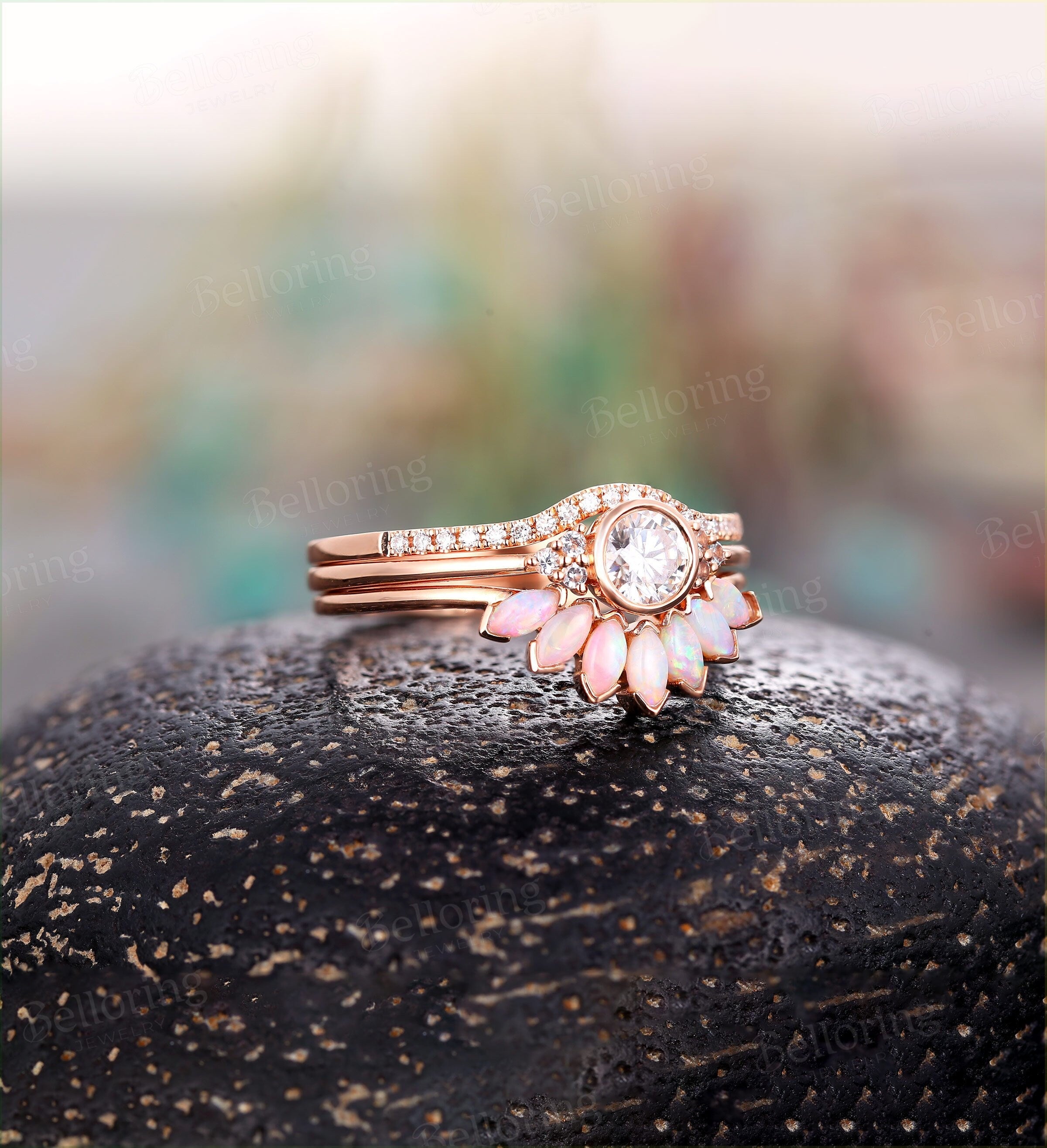 Moissanite engagement ring for , Marquise cut opal wedding band,Vintage rose gold wedding ring,Art deco Jewelry Anniversary gift