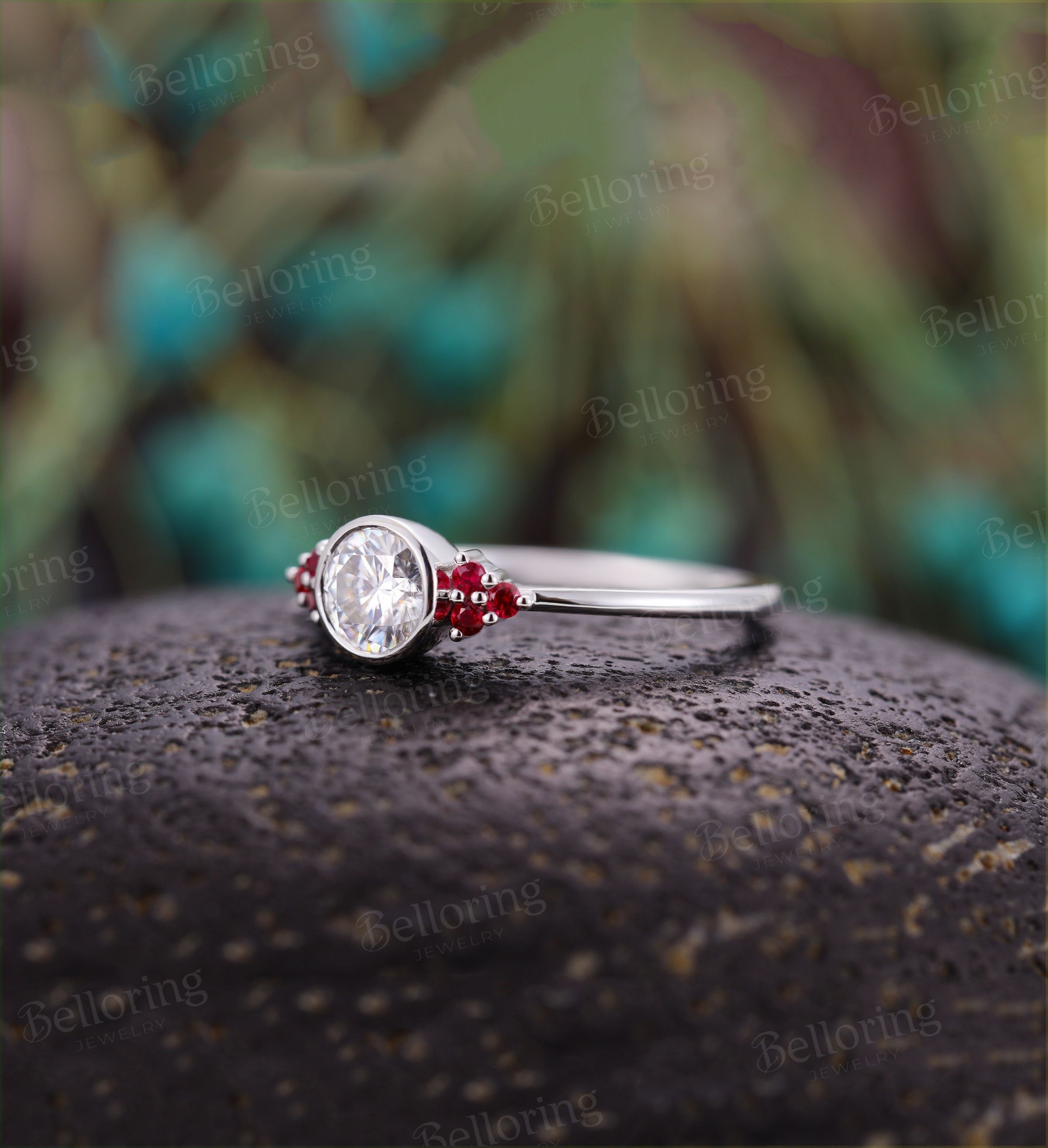 Art deco engagement ring  Vintage moissanite natural ruby white gold Unique Delicate wedding Bridal Jewelry birthstone wedding ring