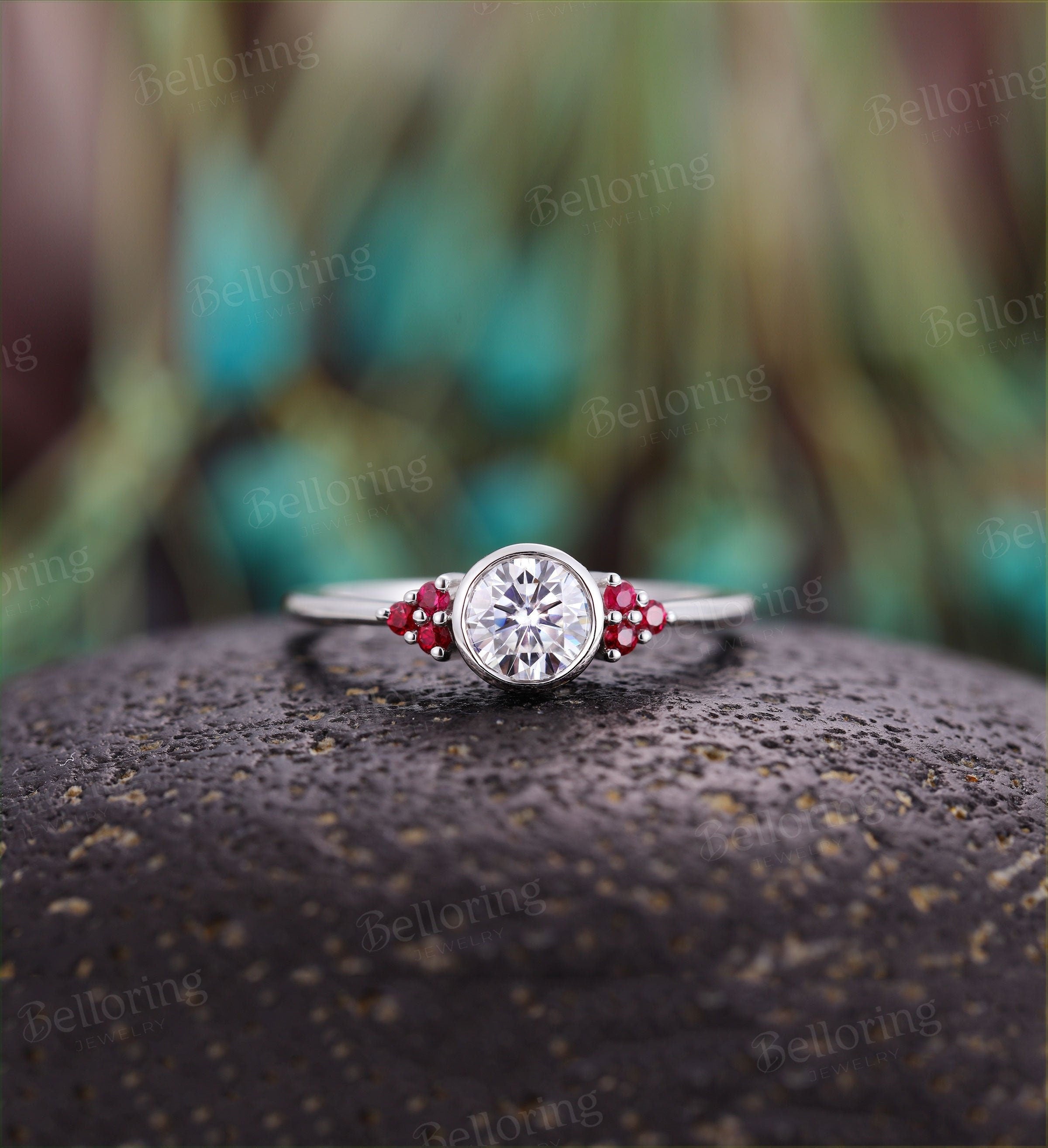 Art deco engagement ring  Vintage moissanite natural ruby white gold Unique Delicate wedding Bridal Jewelry birthstone wedding ring