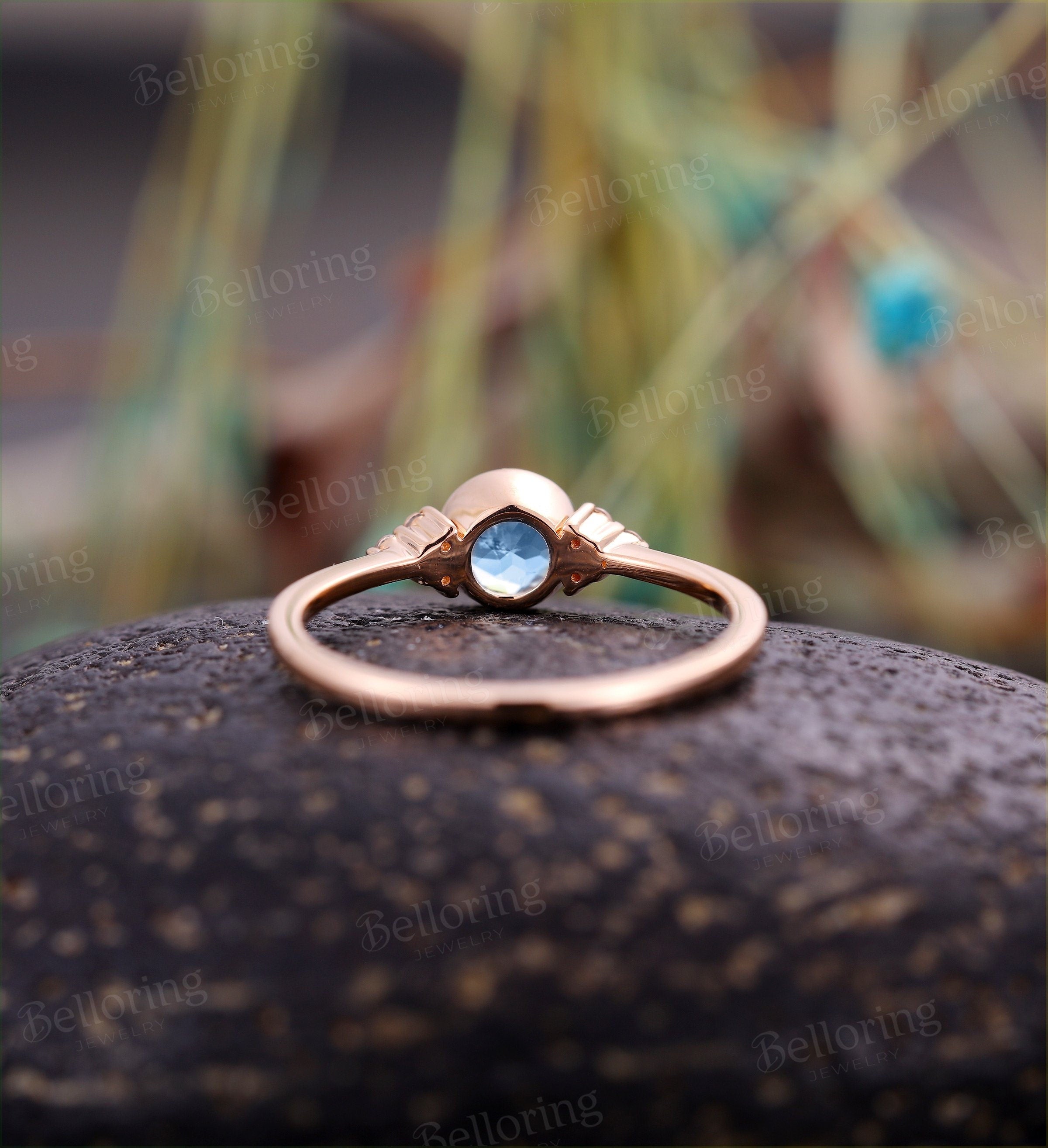 Art deco engagement ring  Vintage moonstone Topaz rose gold Unique Delicate wedding  Bridal Jewelry birthstone Anniversary wedding ring