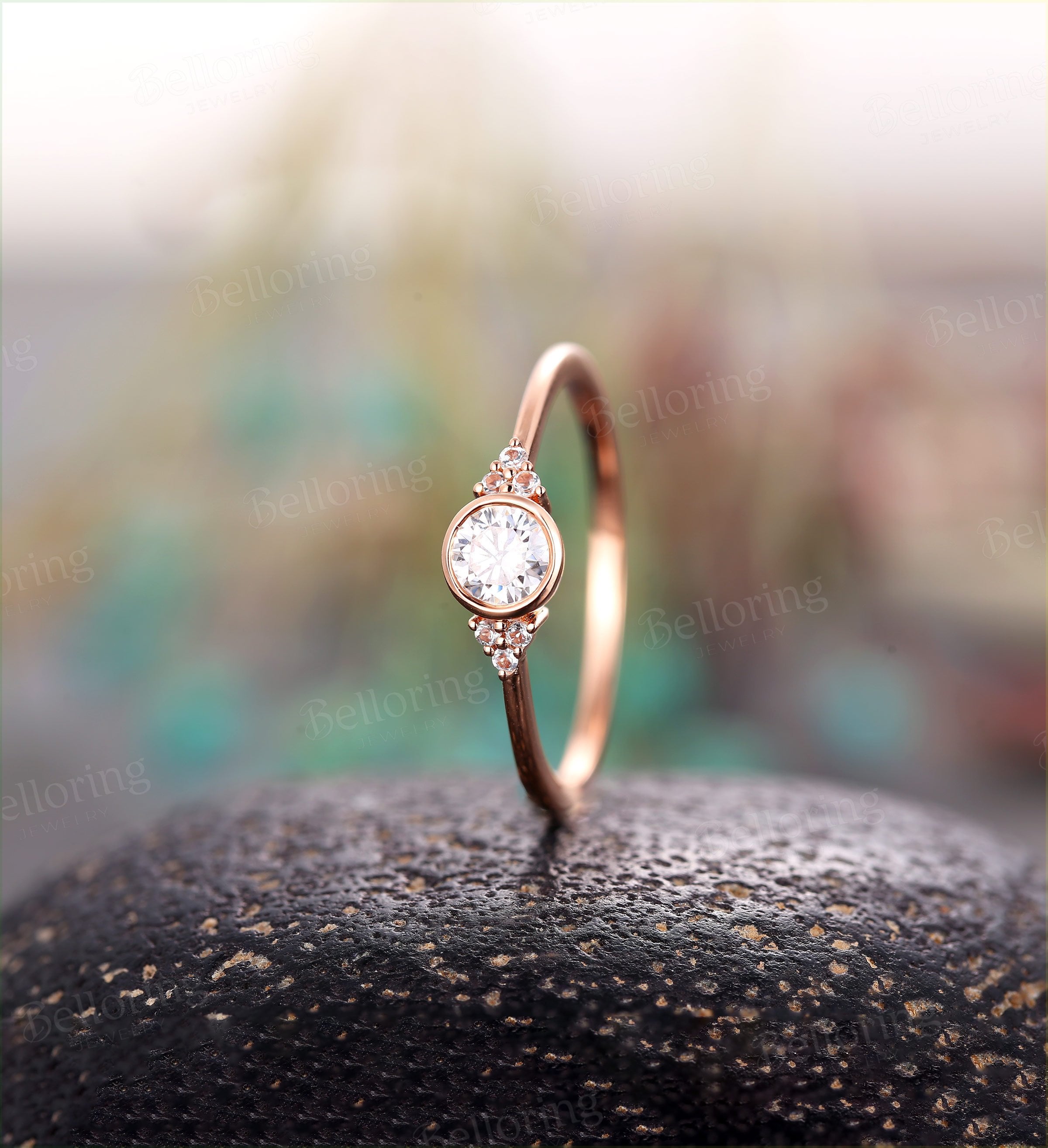 Art deco engagement ring  Vintage moissanite Topaz rose gold Unique Delicate wedding Bridal Jewelry birthstone Anniversary wedding ring