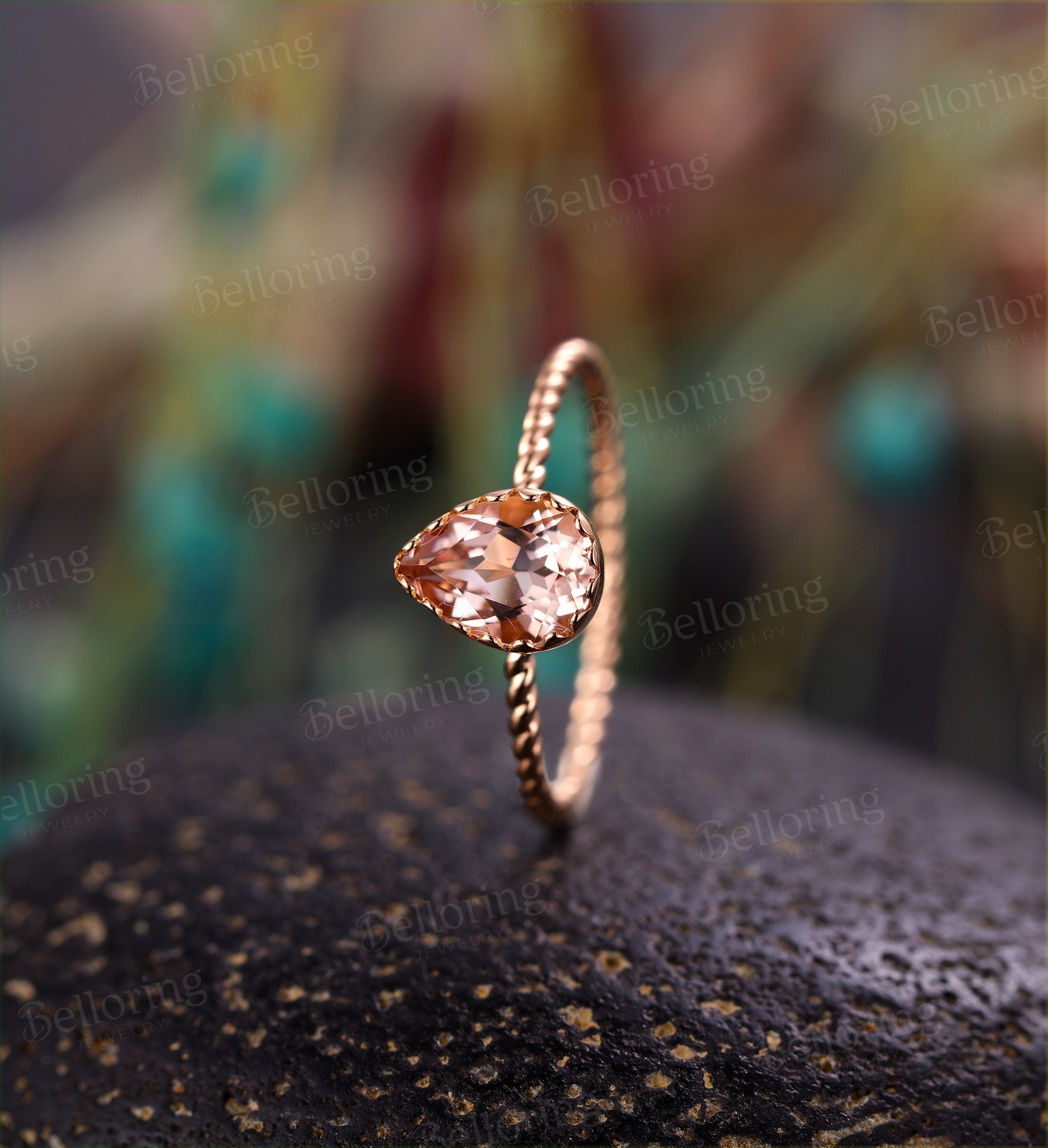 Art deco Morganite engagement ring Rose gold pear cut vintage rings for  antique Jewelry Anniversary wedding ring