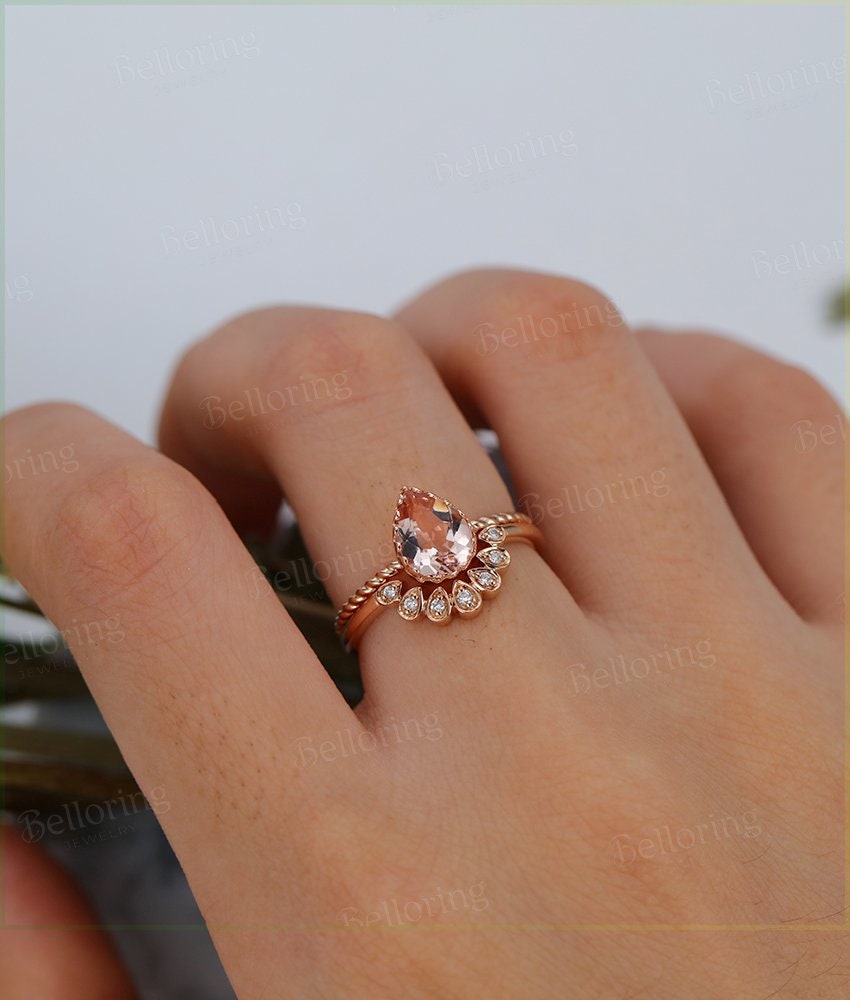 Morganite engagement ring Rose gold pear cut vintage Halo diamond curved Wedding band  antique Jewelry Anniversary wedding ring