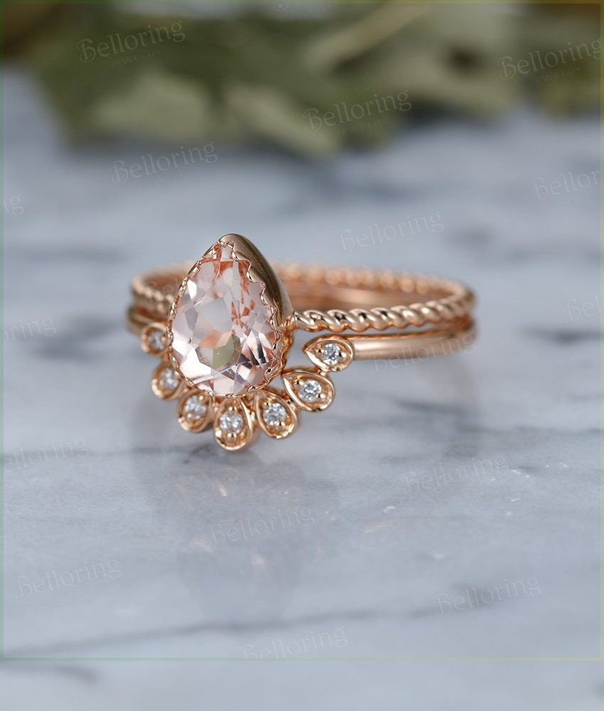 Morganite engagement ring Rose gold pear cut vintage Halo diamond curved Wedding band  antique Jewelry Anniversary wedding ring