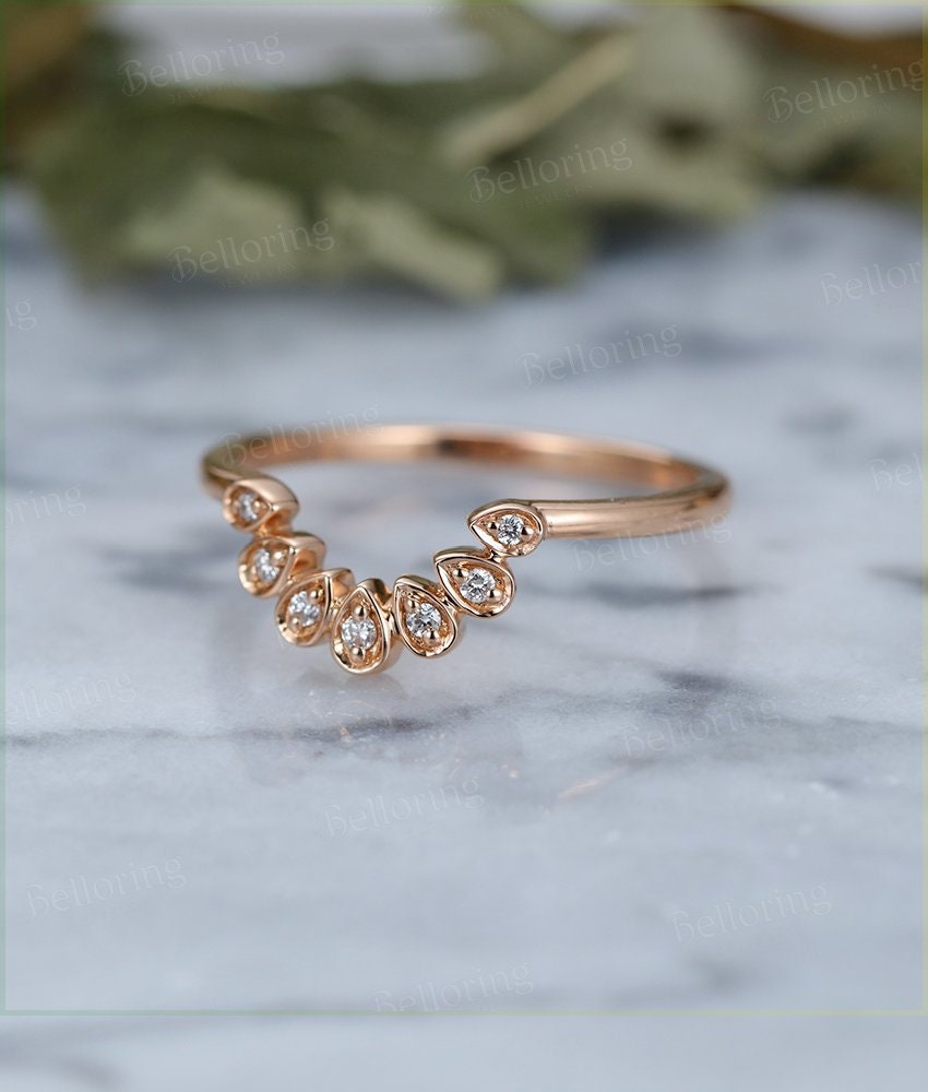 Art deco Rose gold round diamond curved Wedding band pear shape unique gifts for  antique Jewelry Anniversary wedding ring