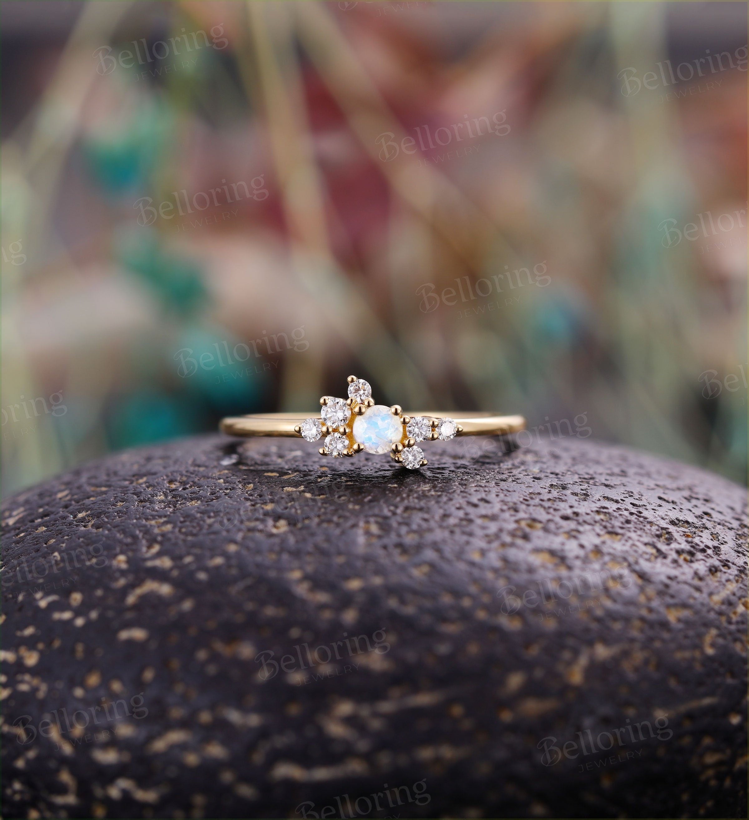 Moonstone engagement ring yellow gold  vintage round cut Diamond Cluster ring wedding Bridal Set birthstone Anniversary gift for