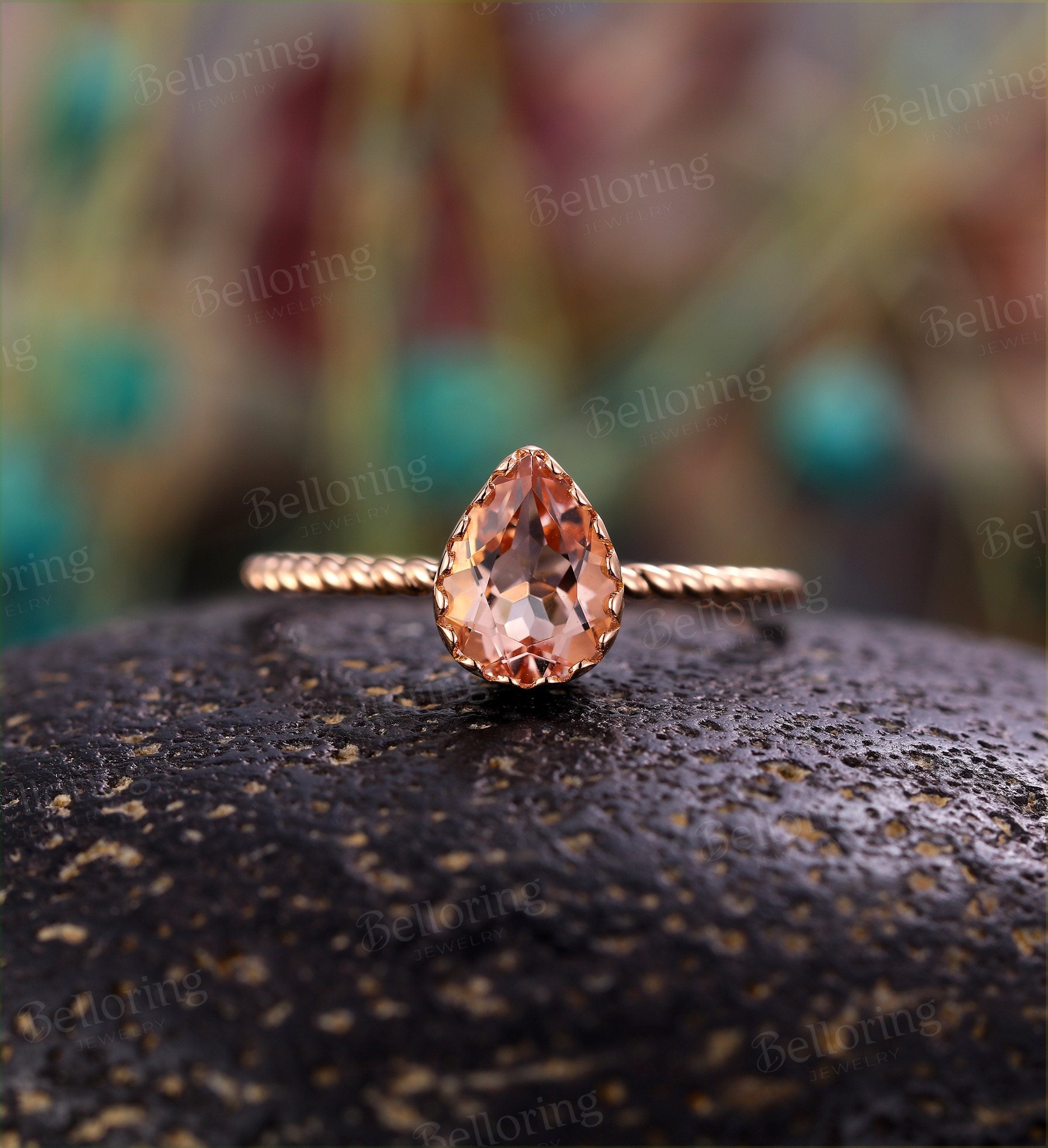 Art deco Morganite engagement ring Rose gold pear cut vintage rings for  antique Jewelry Anniversary wedding ring