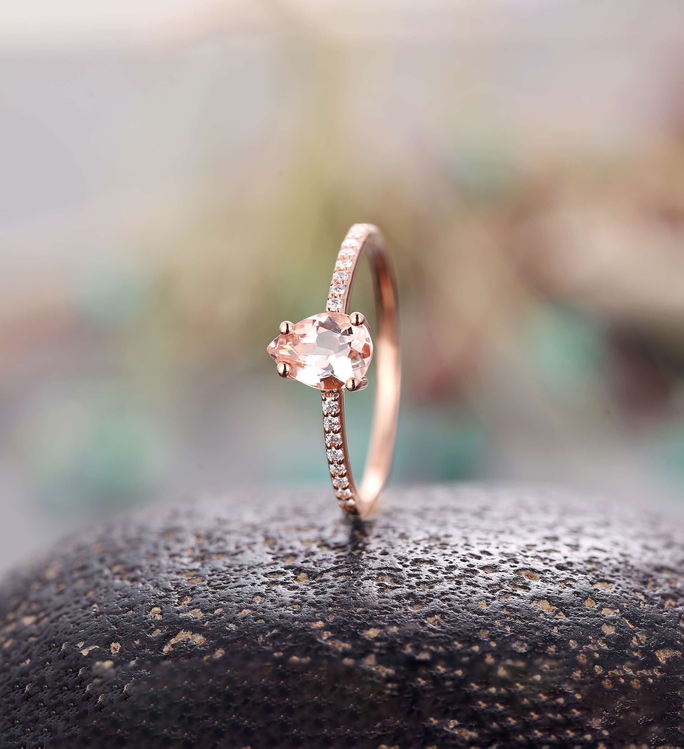 Morganite engagement ring Rose gold pear cut vintage Halo diamond Half eternity Wedding  Jewelry birthstone Anniversary wedding ring