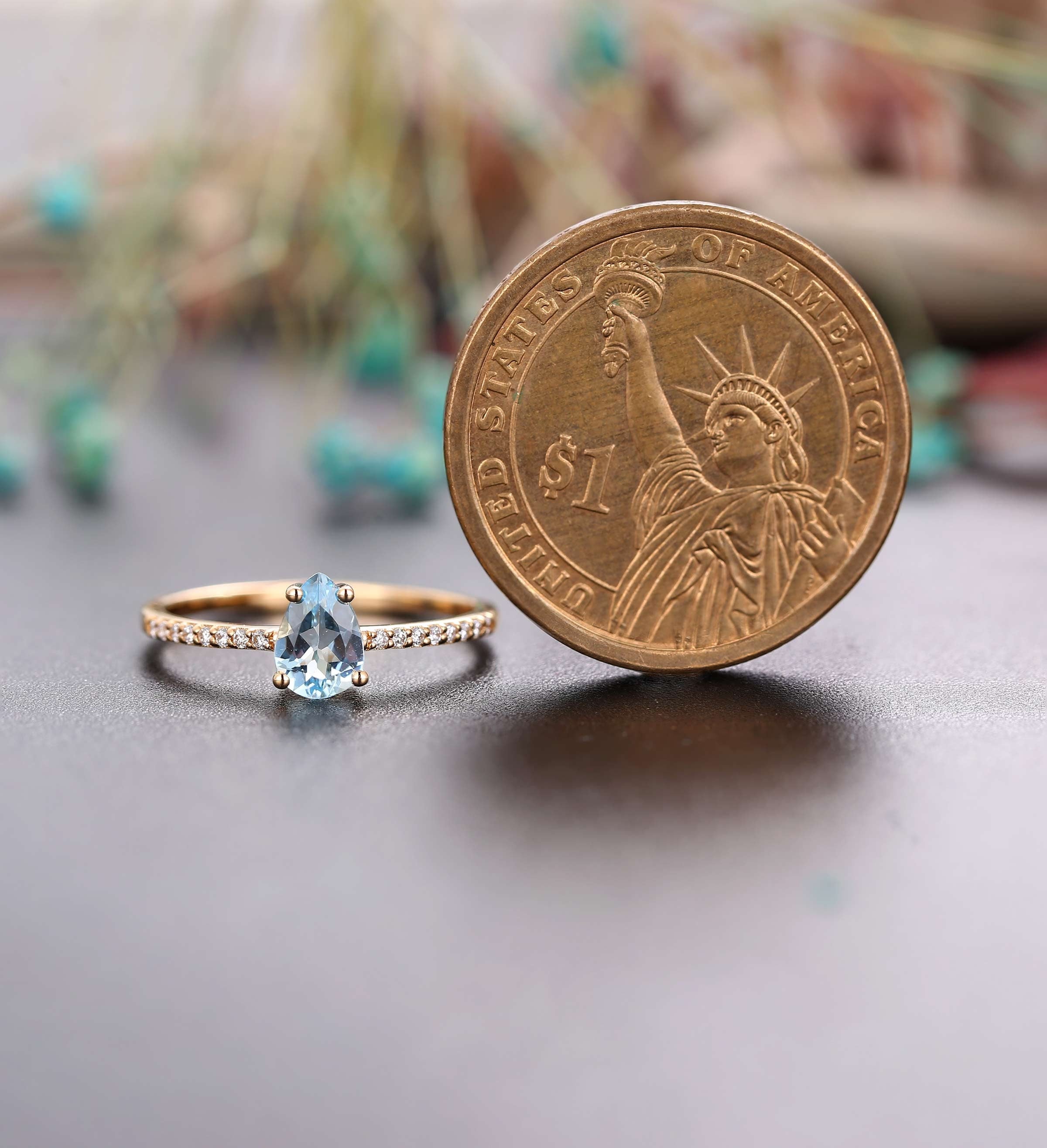 Aquamarine engagement ring 14k yellow gold pear cut vintage diamond Half eternity Wedding  Jewelry promise Anniversary wedding ring