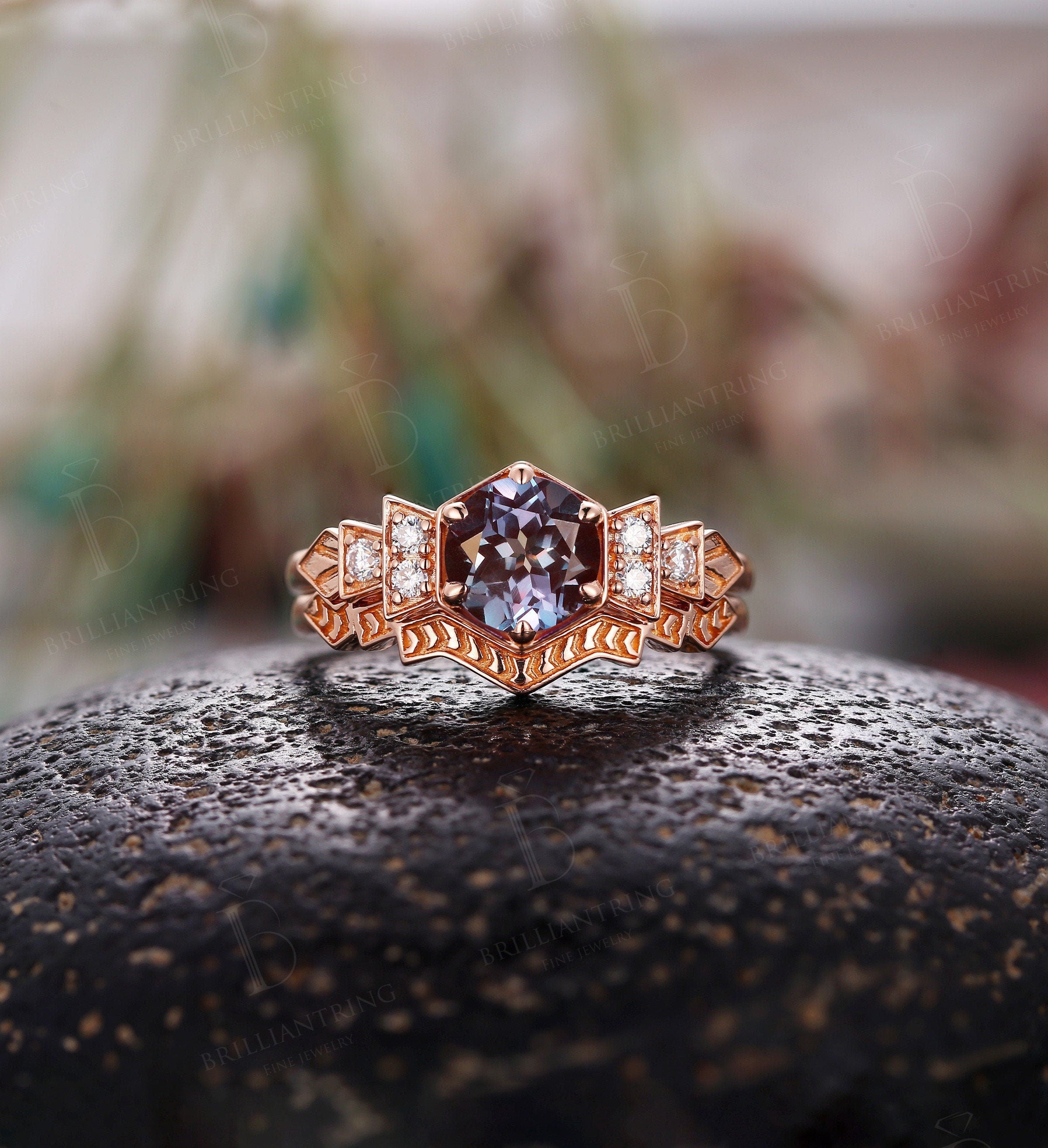 Alexandrite engagement ring rose gold vintage engagement ring set Art deco Moissanite   Bridal set Anniversary Promise wedding ring