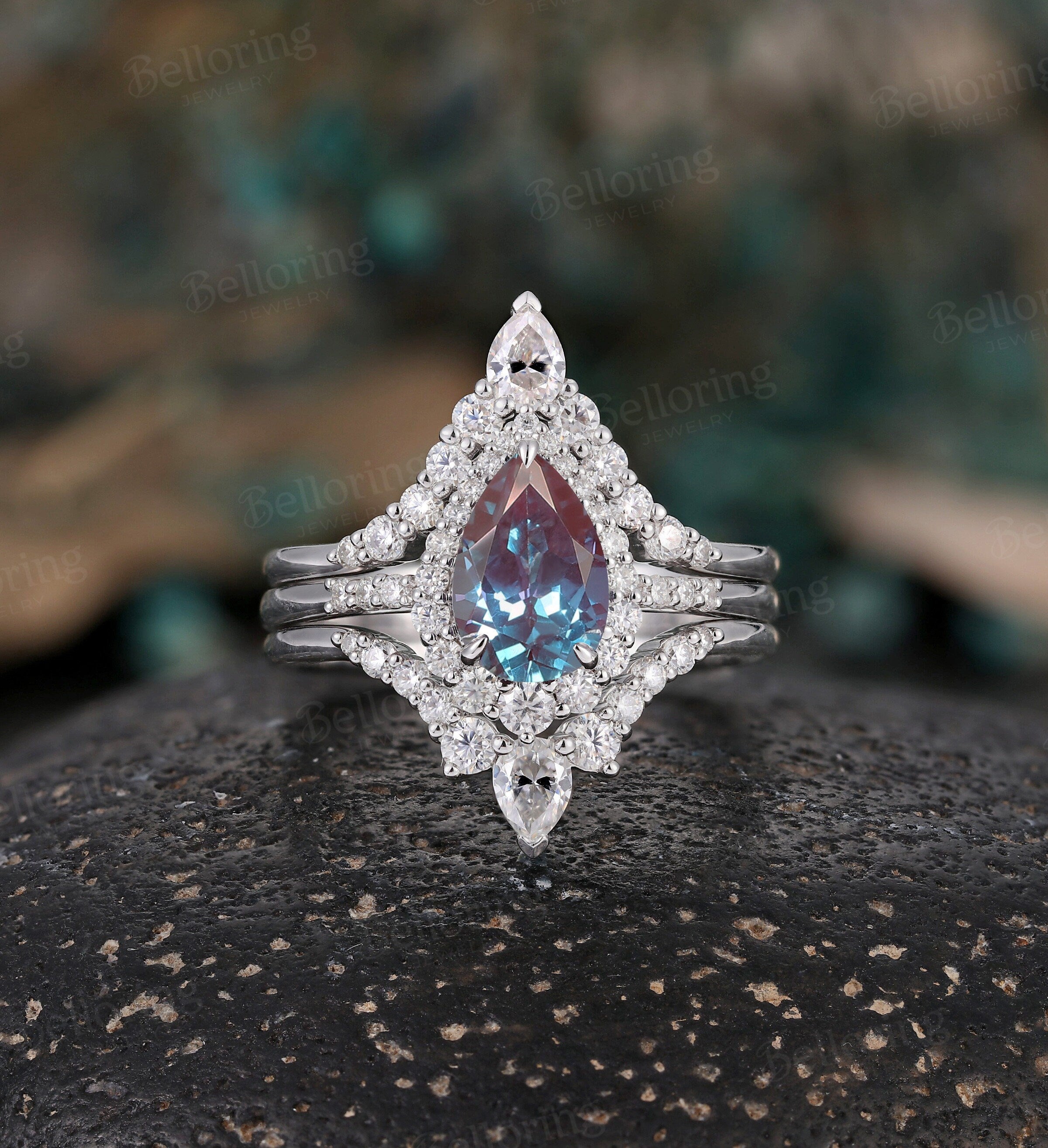 Alexandrite bridal set engagement ring Art deco Diamond ring Vintage Pear cut White gold ring Promise Bridal ring prong set Anniversary ring