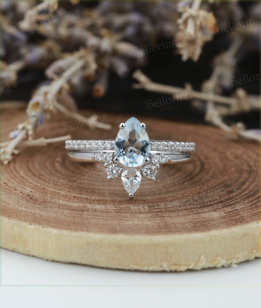 Aquamarine engagement ring set white gold ring set pear cut ring set vintage diamond Half eternity Wedding band Anniversary ring set