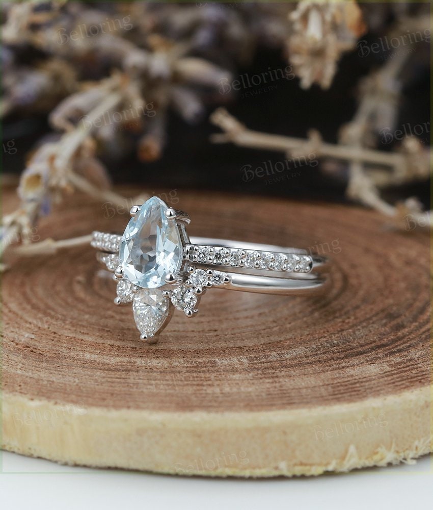 Aquamarine engagement ring set white gold ring set pear cut ring set vintage diamond Half eternity Wedding band Anniversary ring set