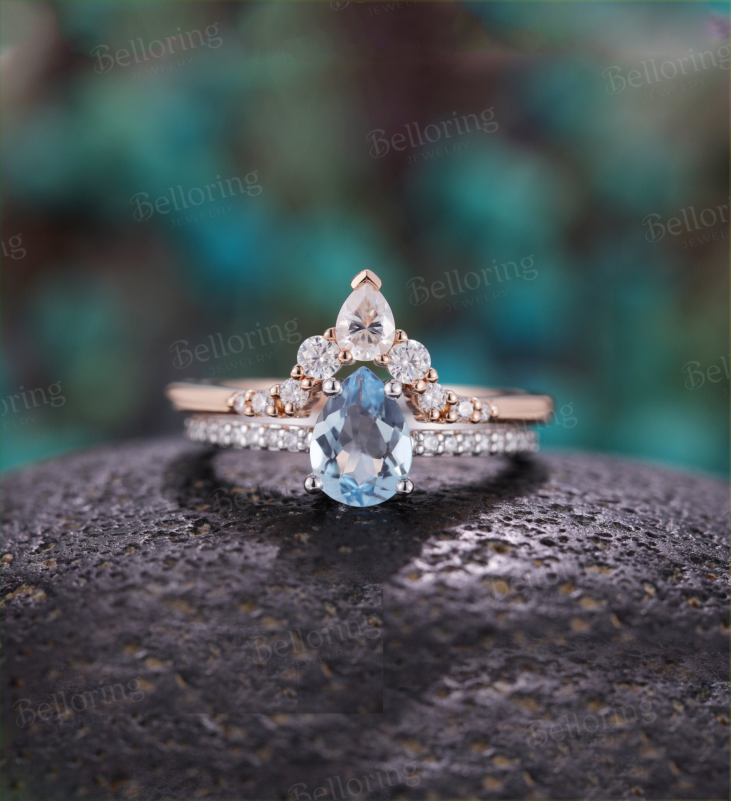 Aquamarine engagement ring 14k white & rose gold pear shaped vintage Moissanite Half eternity Wedding  antique Anniversary wedding ring